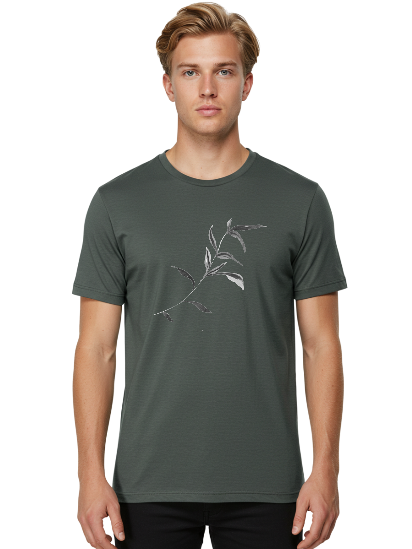 Olive-Branch Men'S Graphic Tee, 100% Cotton, Comfortable Casual Summer Wear, Machine Washable, Black And White Leaves, Foliage, Botanical Illustration, Leafy Branch, Simple Design, Minimalist Art, Plant Graphics Aac340