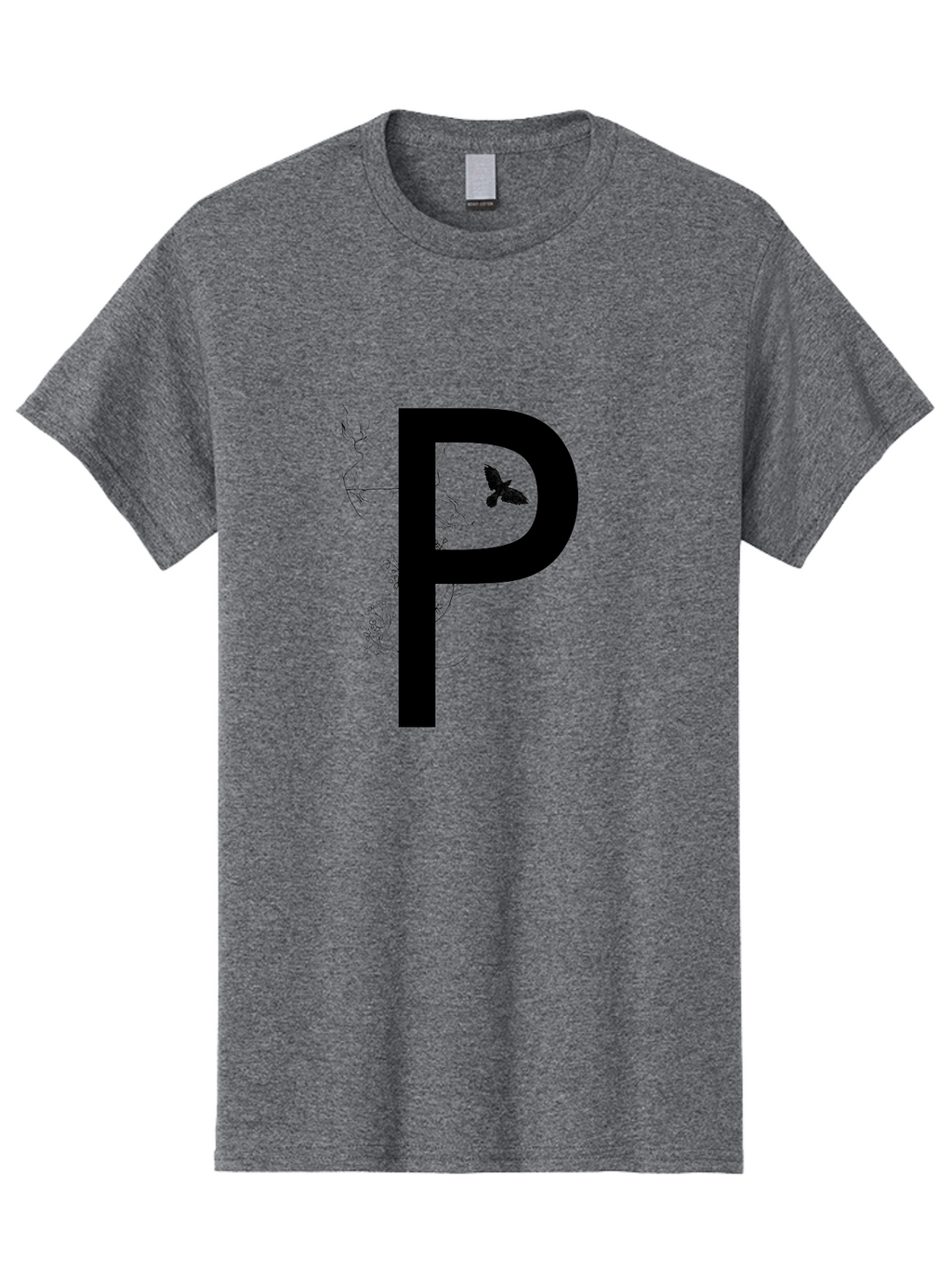 P Men'S Graphic Tee, 100% Cotton, Comfortable Casual Summer Wear, Machine Washable, Large Letter P, Botanical Elements, Butterflies, Floral Design, Minimalist Illustration, Black And Green Color Scheme, Simple Graphics, Typography Aac341