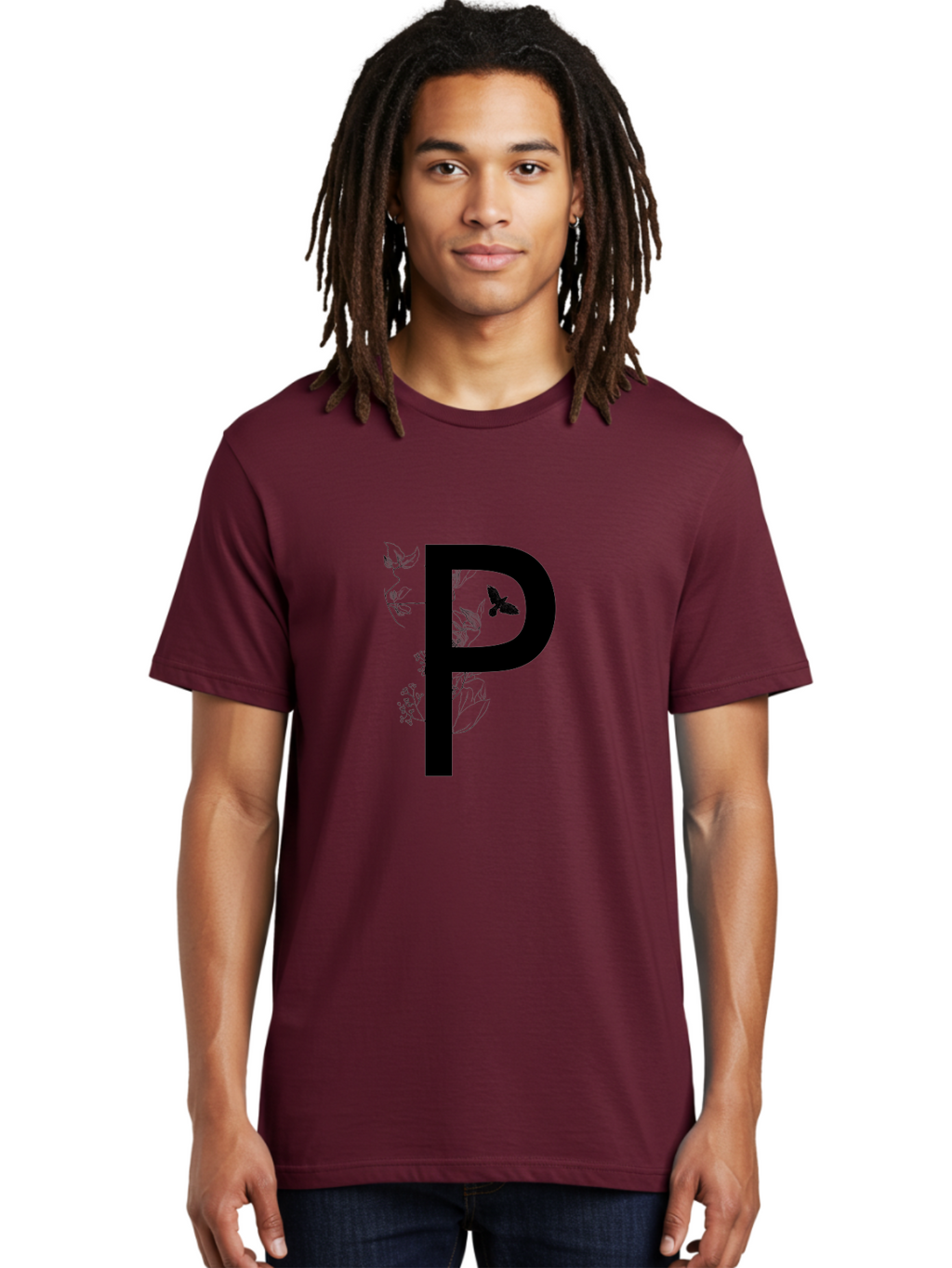 P Men'S Graphic Tee, 100% Cotton, Comfortable Casual Summer Wear, Machine Washable, Large Letter P, Botanical Elements, Butterflies, Floral Design, Minimalist Illustration, Black And Green Color Scheme, Simple Graphics, Typography Aac341