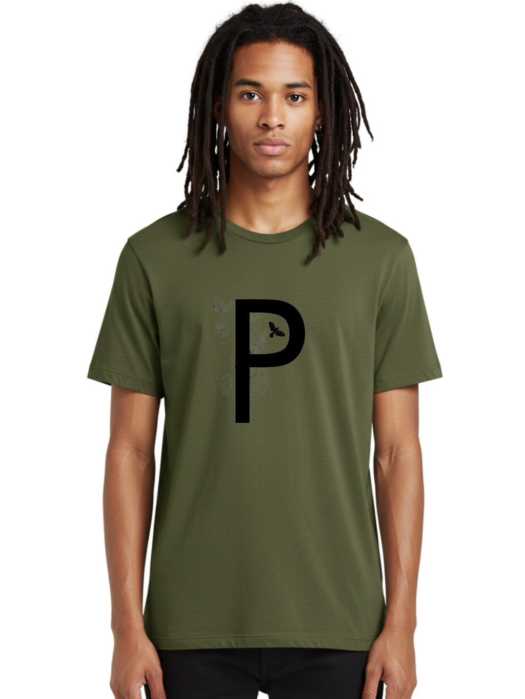 P Men'S Graphic Tee, 100% Cotton, Comfortable Casual Summer Wear, Machine Washable, Large Letter P, Botanical Elements, Butterflies, Floral Design, Minimalist Illustration, Black And Green Color Scheme, Simple Graphics, Typography Aac341