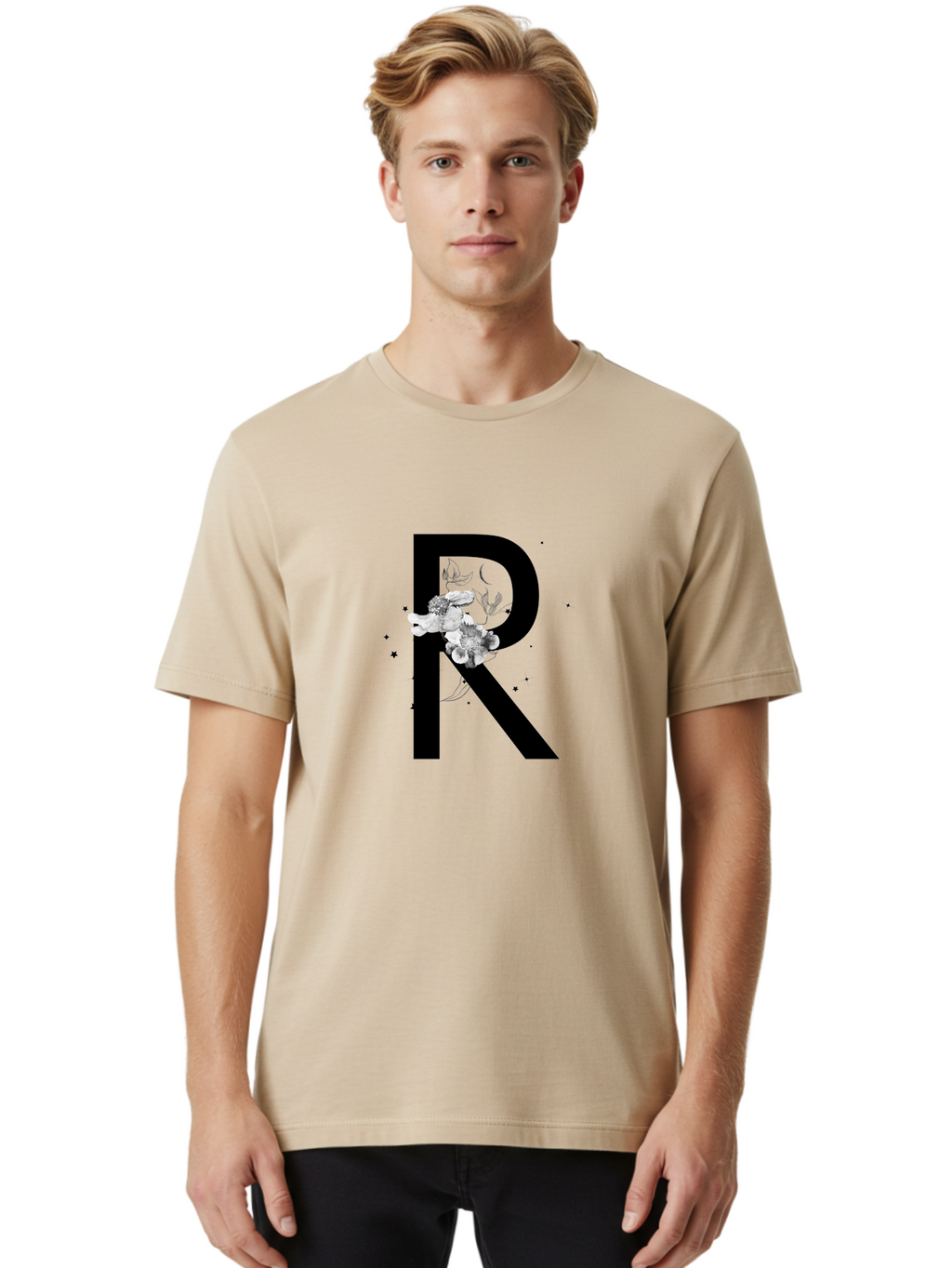 R Men'S Graphic Tee, 100% Cotton, Comfortable Casual Summer Wear, Machine Washable, Black Letter R, Floral Design, White Flowers, Botanical Elements, Moon Phase, Stars, Elegant Typography, Decorative Art, Lettering, Feminine Touch, Aac345