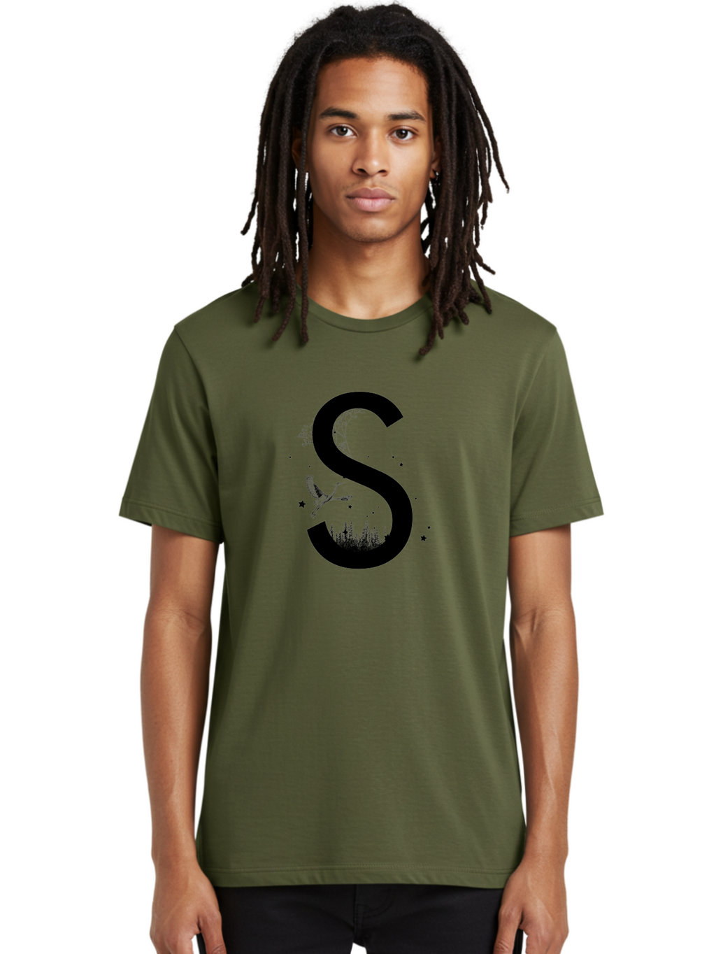 S Men'S Graphic Tee, 100% Cotton, Comfortable Casual Summer Wear, Machine Washable, Stylized Letter S, Witch On A Broomstick, Forest Landscape, Flying Bird, Mystical Stars, Whimsical Design, Fantasy Elements, Magical Atmosphere, Aac348
