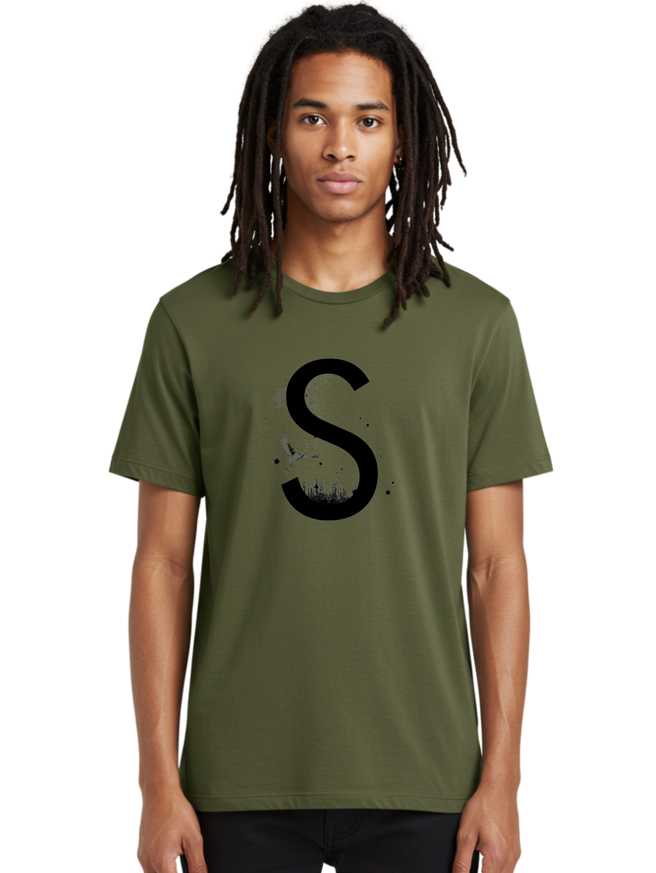 S Men'S Graphic Tee, 100% Cotton, Comfortable Casual Summer Wear, Machine Washable, Stylized Letter S, Witch On A Broomstick, Forest Landscape, Flying Bird, Mystical Stars, Whimsical Design, Fantasy Elements, Magical Atmosphere, Aac348