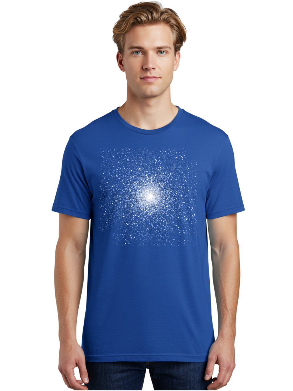 Star-Burst Men'S Graphic Tee, 100% Cotton, Comfortable Casual Summer Wear, Machine Washable, White Speckles, Burst Effect, Abstract Design, Light Particles, Glowing Center, Visual Effect, Motion Blur, Sparkling Dots Aac352