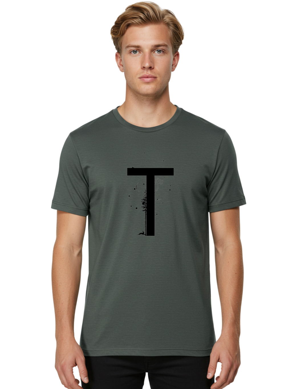 T Men'S Graphic Tee, 100% Cotton, Comfortable Casual Summer Wear, Machine Washable, Typographic Illustration, Letter T, Nature-Inspired Design, Trees, Dandelion, Stars, Moon, Wildlife, Deer, Creative Typography, Fantasy Elements, Aac353