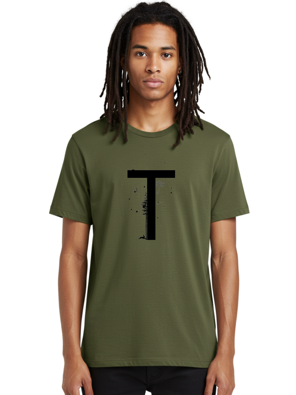 T Men'S Graphic Tee, 100% Cotton, Comfortable Casual Summer Wear, Machine Washable, Typographic Illustration, Letter T, Nature-Inspired Design, Trees, Dandelion, Stars, Moon, Wildlife, Deer, Creative Typography, Fantasy Elements, Aac353