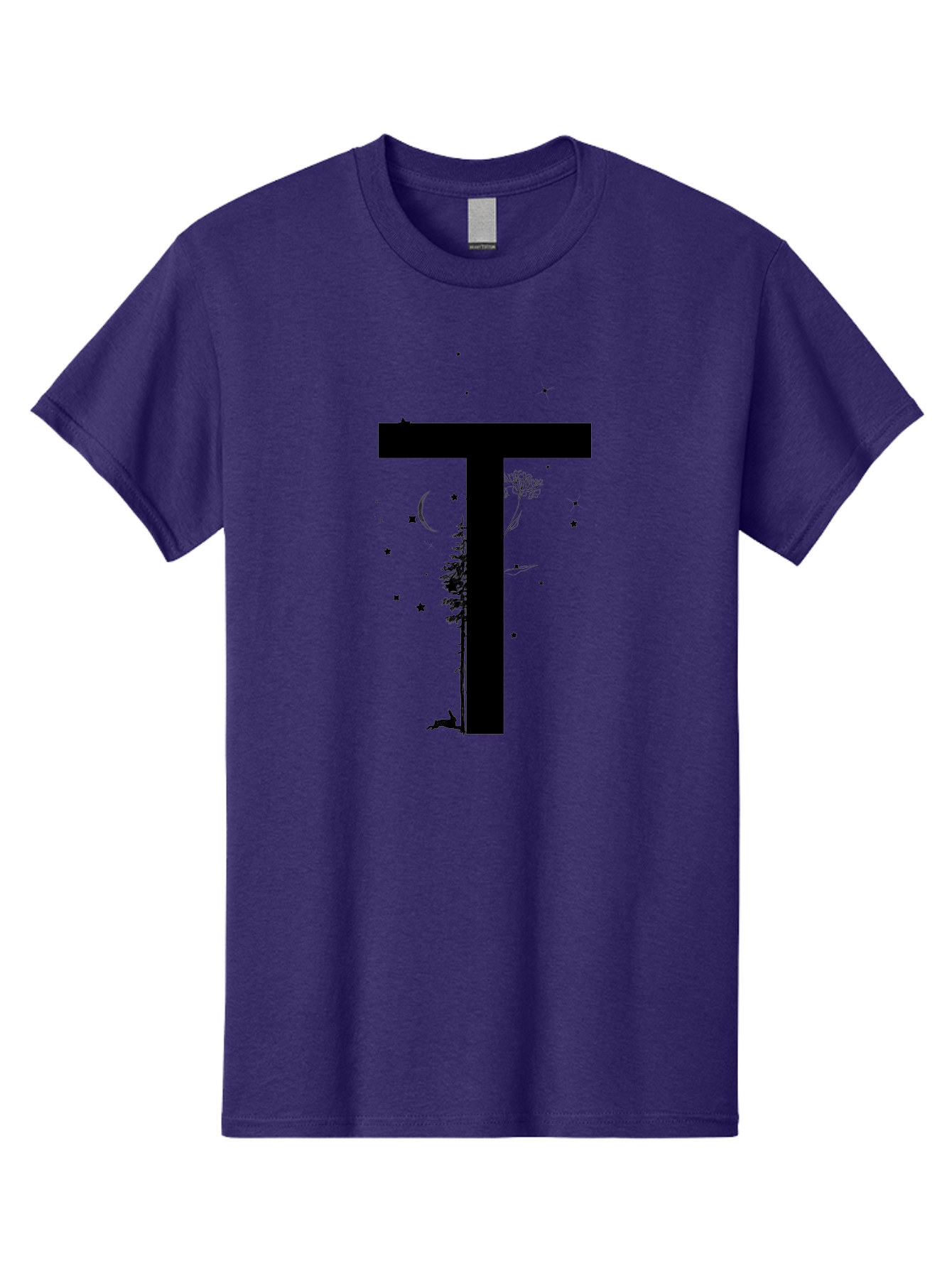 T Men'S Graphic Tee, 100% Cotton, Comfortable Casual Summer Wear, Machine Washable, Typographic Illustration, Letter T, Nature-Inspired Design, Trees, Dandelion, Stars, Moon, Wildlife, Deer, Creative Typography, Fantasy Elements, Aac353