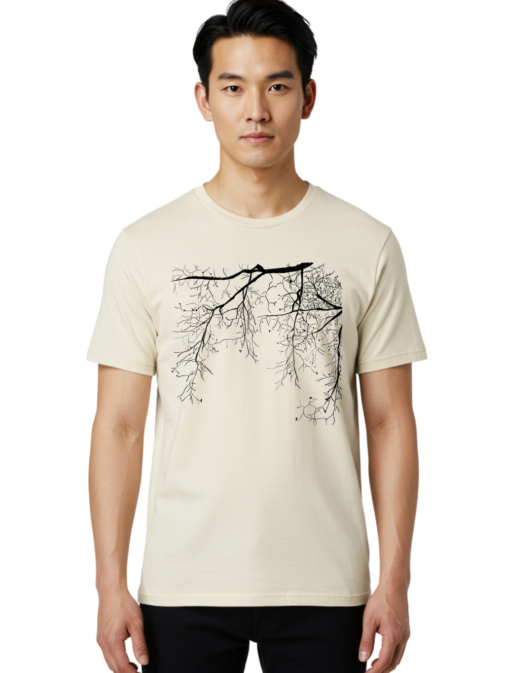 Tree-Branches Men'S Graphic Tee, 100% Cotton, Comfortable Casual Summer Wear, Machine Washable, Bare Tree Branches, Black Silhouettes, Intricate Patterns, Winter Scenery, Seasonal Change, Natural Beauty, Artistic Design Aac354
