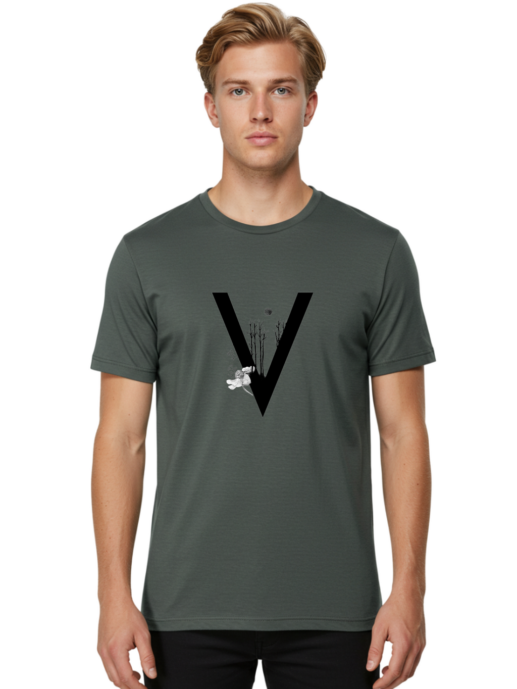 V Men'S Graphic Tee, 100% Cotton, Comfortable Casual Summer Wear, Machine Washable, Letter V, Floral Illustrations, Tree Branches, White Flowers, Dark Silhouette, Moon, Mystical Artwork, Surreal Design, Typography Art Aac359