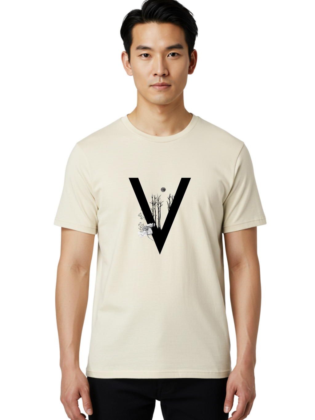 V Men'S Graphic Tee, 100% Cotton, Comfortable Casual Summer Wear, Machine Washable, Letter V, Floral Illustrations, Tree Branches, White Flowers, Dark Silhouette, Moon, Mystical Artwork, Surreal Design, Typography Art Aac359