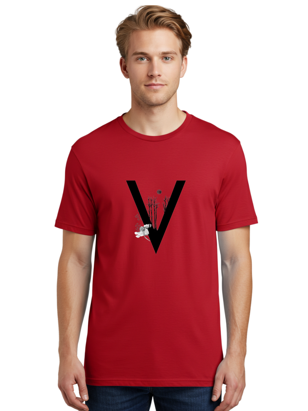 V Men'S Graphic Tee, 100% Cotton, Comfortable Casual Summer Wear, Machine Washable, Letter V, Floral Illustrations, Tree Branches, White Flowers, Dark Silhouette, Moon, Mystical Artwork, Surreal Design, Typography Art Aac359