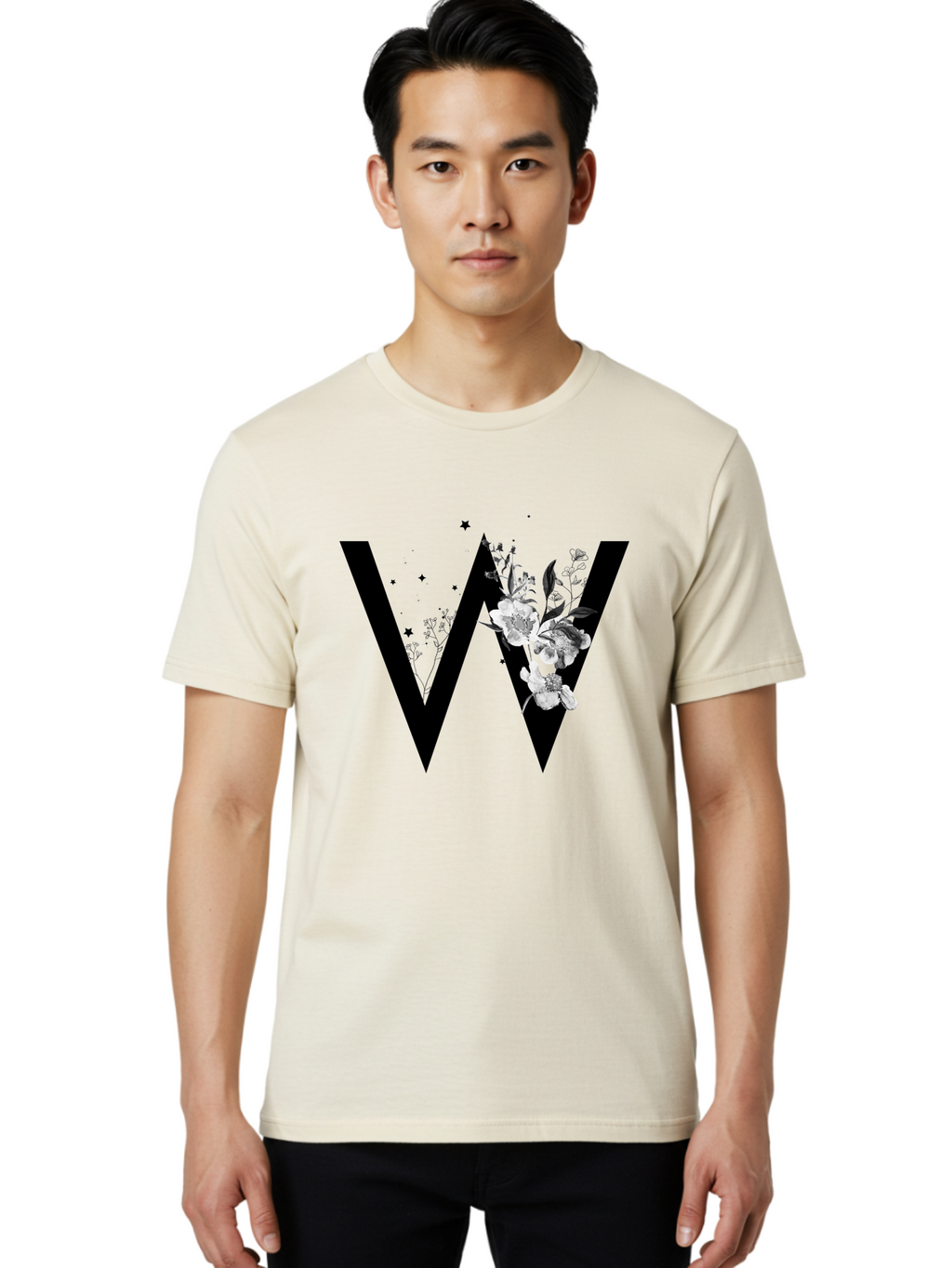 W Men'S Graphic Tee, 100% Cotton, Comfortable Casual Summer Wear, Machine Washable, Floral Letter W, Black And White Flowers, Elegant Design, Floral Theme, Typography, Artistic Lettering, Decorative Alphabet, Flowers And Stars Aac360