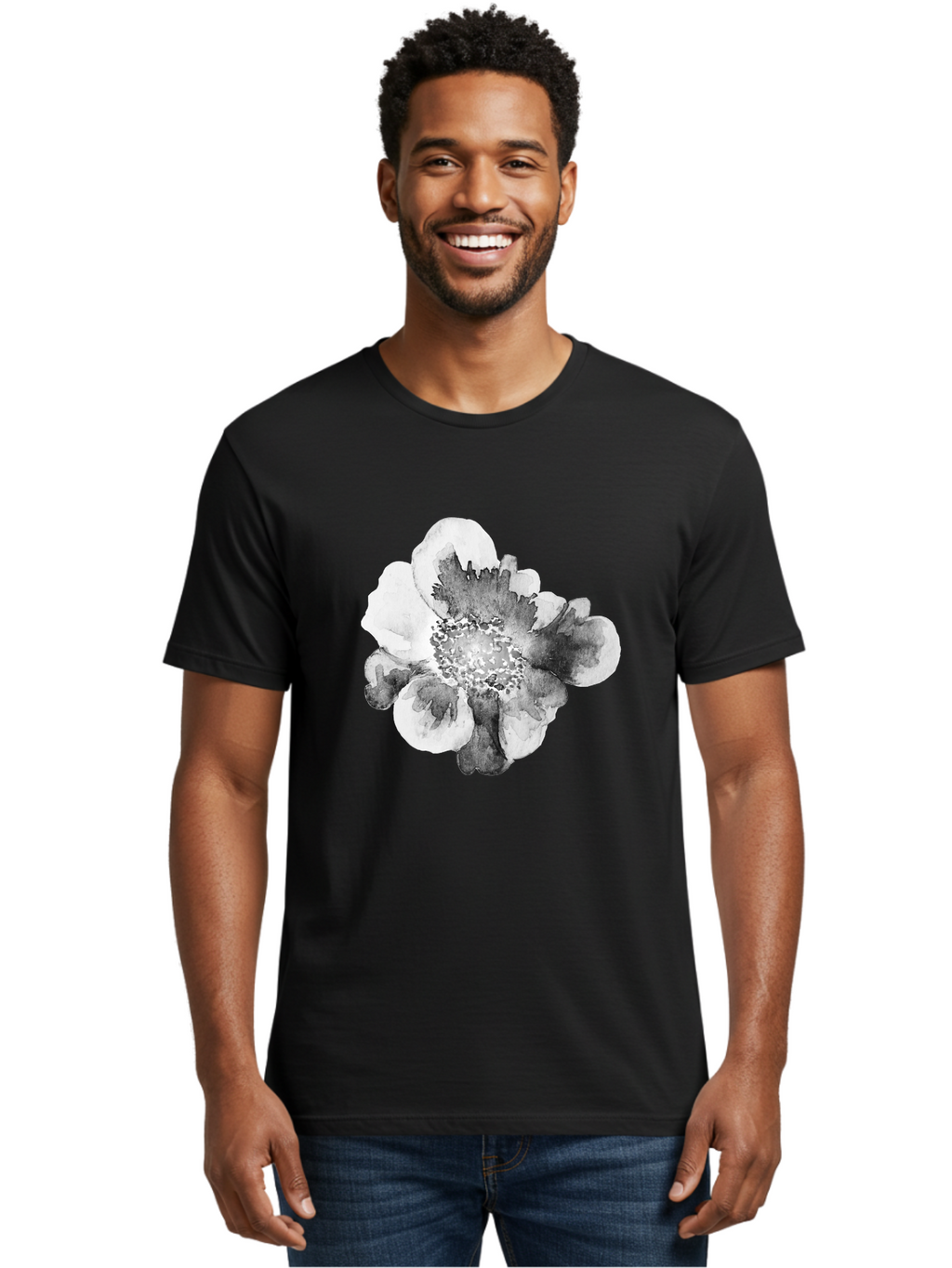 Watercolor-Flower Men'S Graphic Tee, 100% Cotton, Comfortable Casual Summer Wear, Machine Washable, Watercolor Flower, Black And White Petals, Delicate Artwork, Floral Design, Artistic Expression, Elegant Simplicity, Minimalist Style, Aac361