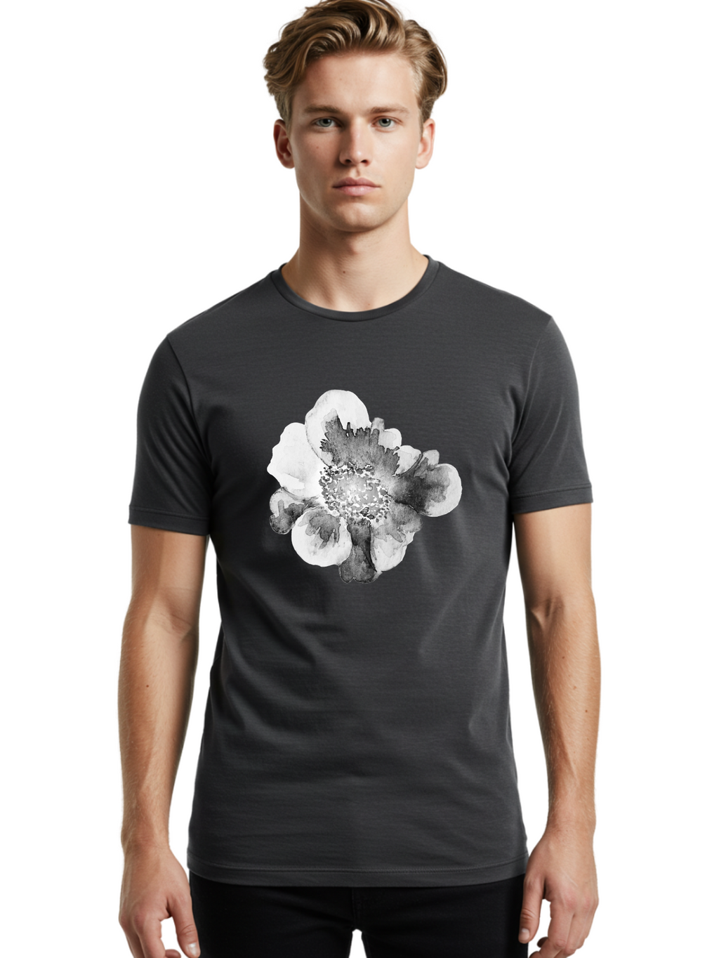 Watercolor-Flower Men'S Graphic Tee, 100% Cotton, Comfortable Casual Summer Wear, Machine Washable, Watercolor Flower, Black And White Petals, Delicate Artwork, Floral Design, Artistic Expression, Elegant Simplicity, Minimalist Style, Aac361