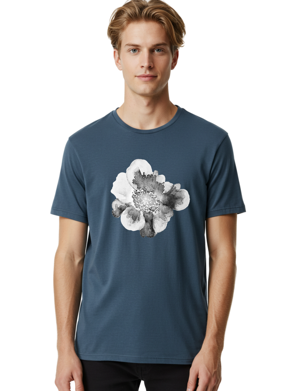 Watercolor-Flower Men'S Graphic Tee, 100% Cotton, Comfortable Casual Summer Wear, Machine Washable, Watercolor Flower, Black And White Petals, Delicate Artwork, Floral Design, Artistic Expression, Elegant Simplicity, Minimalist Style, Aac361