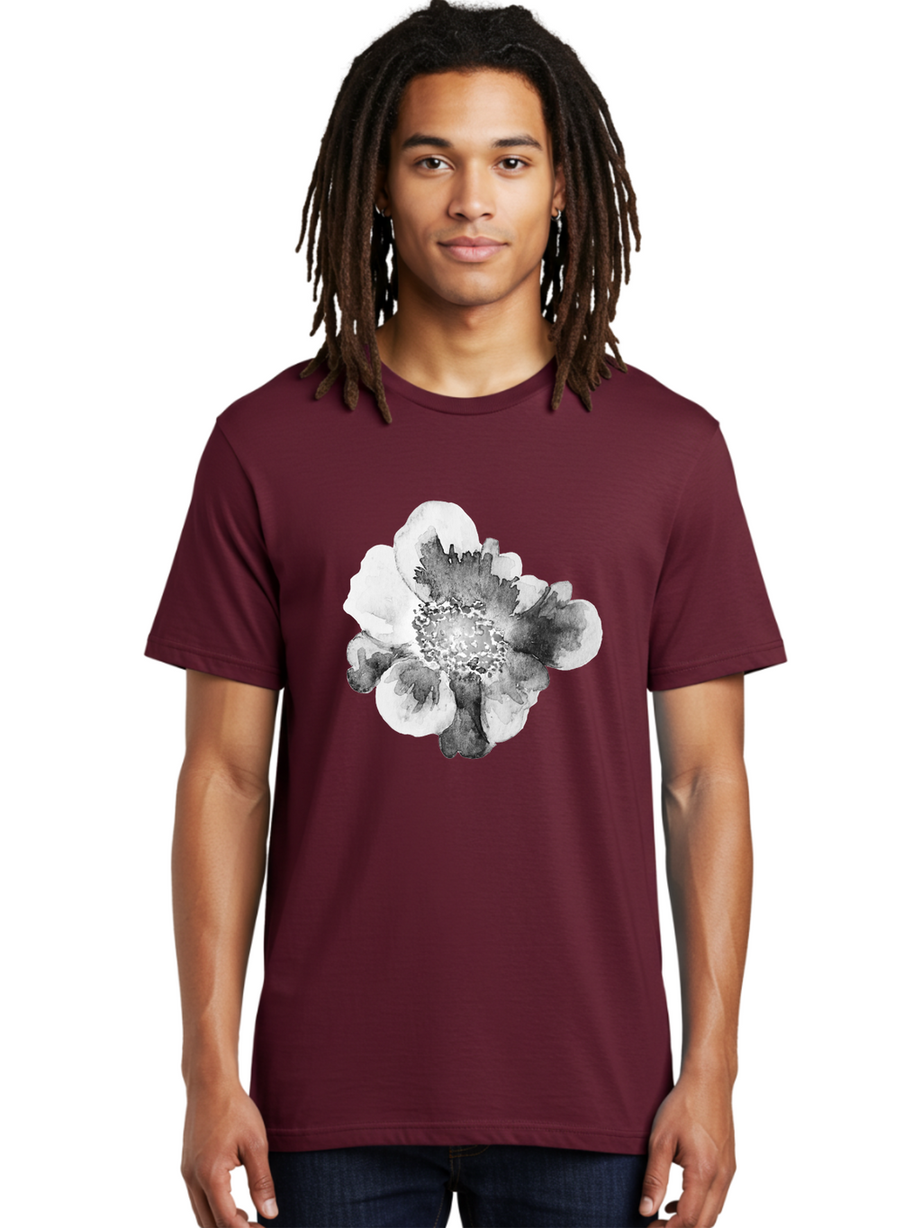 Watercolor-Flower Men'S Graphic Tee, 100% Cotton, Comfortable Casual Summer Wear, Machine Washable, Watercolor Flower, Black And White Petals, Delicate Artwork, Floral Design, Artistic Expression, Elegant Simplicity, Minimalist Style, Aac361