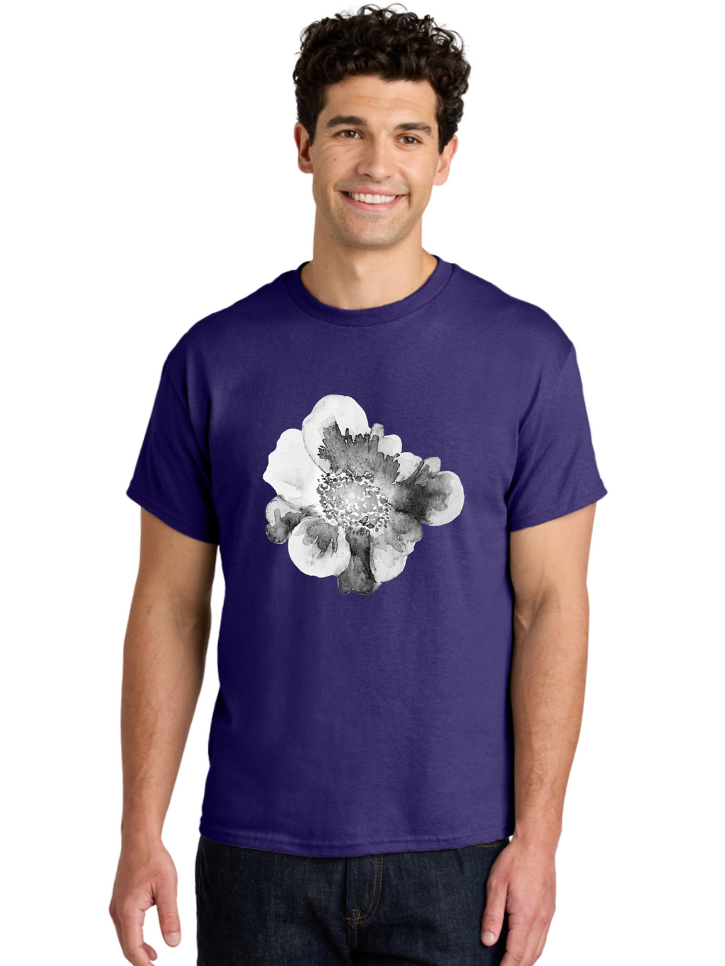 Watercolor-Flower Men'S Graphic Tee, 100% Cotton, Comfortable Casual Summer Wear, Machine Washable, Watercolor Flower, Black And White Petals, Delicate Artwork, Floral Design, Artistic Expression, Elegant Simplicity, Minimalist Style, Aac361