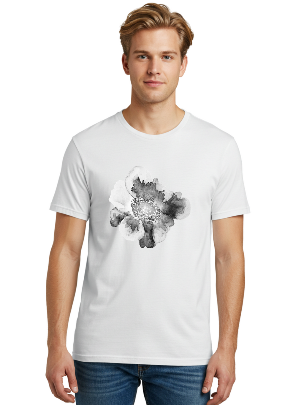 Watercolor-Flower Men'S Graphic Tee, 100% Cotton, Comfortable Casual Summer Wear, Machine Washable, Watercolor Flower, Black And White Petals, Delicate Artwork, Floral Design, Artistic Expression, Elegant Simplicity, Minimalist Style, Aac361