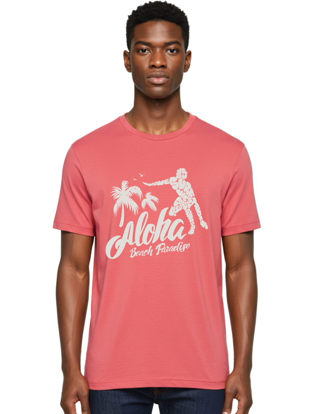 Aloha-Beach-Paradise Men'S Graphic Tee, 100% Cotton, Comfortable Casual Summer Wear, Machine Washable, Surfer Silhouette, Tropical Getaway, Beach Vacation, Surfing Culture, Wave Riding, Aloha Spirit, Island Vibes, Palm Trees, Beach Paradise, Aac368