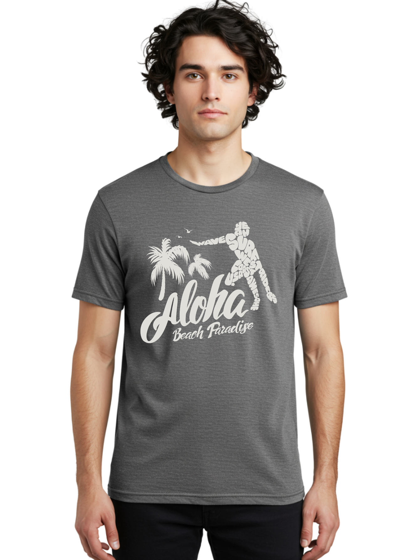 Aloha-Beach-Paradise Men'S Graphic Tee, 100% Cotton, Comfortable Casual Summer Wear, Machine Washable, Surfer Silhouette, Tropical Getaway, Beach Vacation, Surfing Culture, Wave Riding, Aloha Spirit, Island Vibes, Palm Trees, Beach Paradise, Aac368