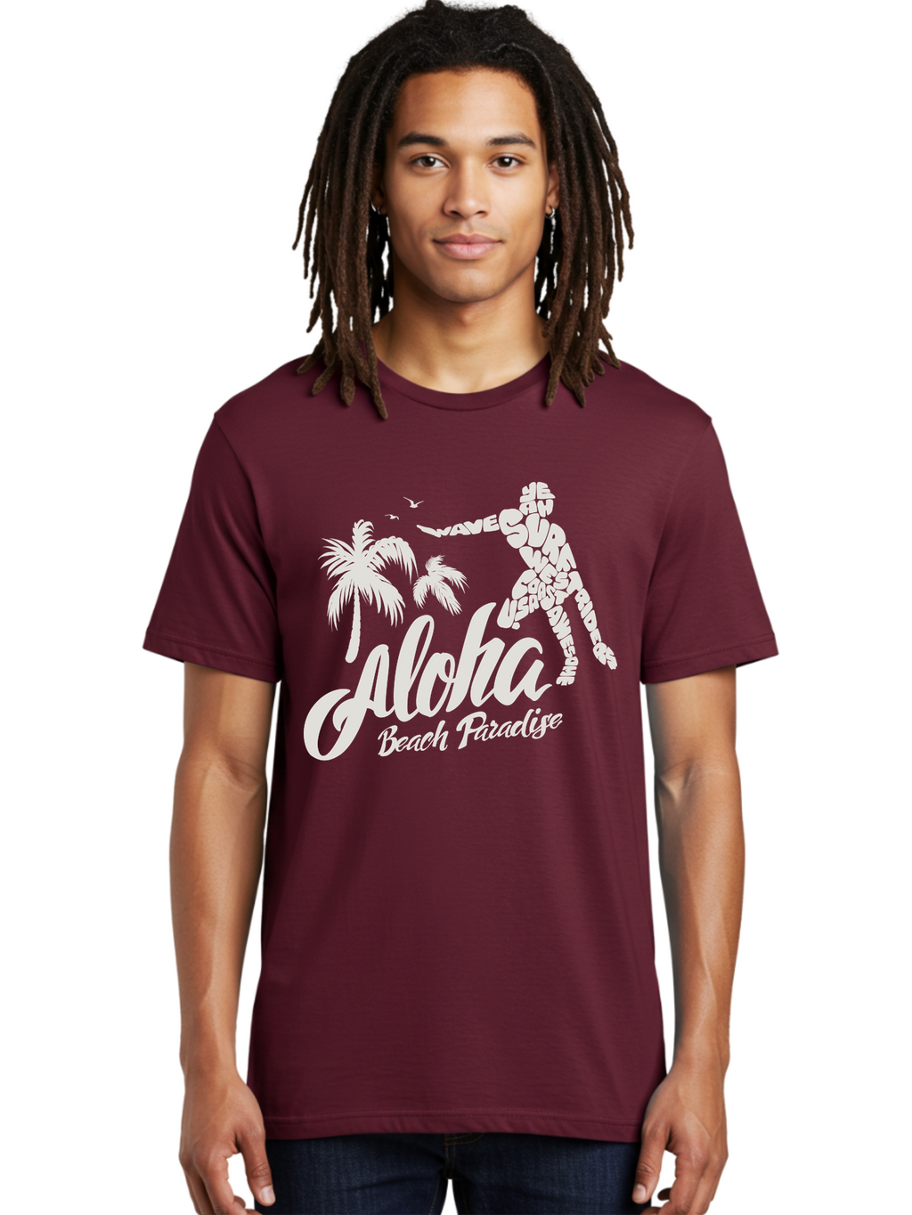 Aloha-Beach-Paradise Men'S Graphic Tee, 100% Cotton, Comfortable Casual Summer Wear, Machine Washable, Surfer Silhouette, Tropical Getaway, Beach Vacation, Surfing Culture, Wave Riding, Aloha Spirit, Island Vibes, Palm Trees, Beach Paradise, Aac368