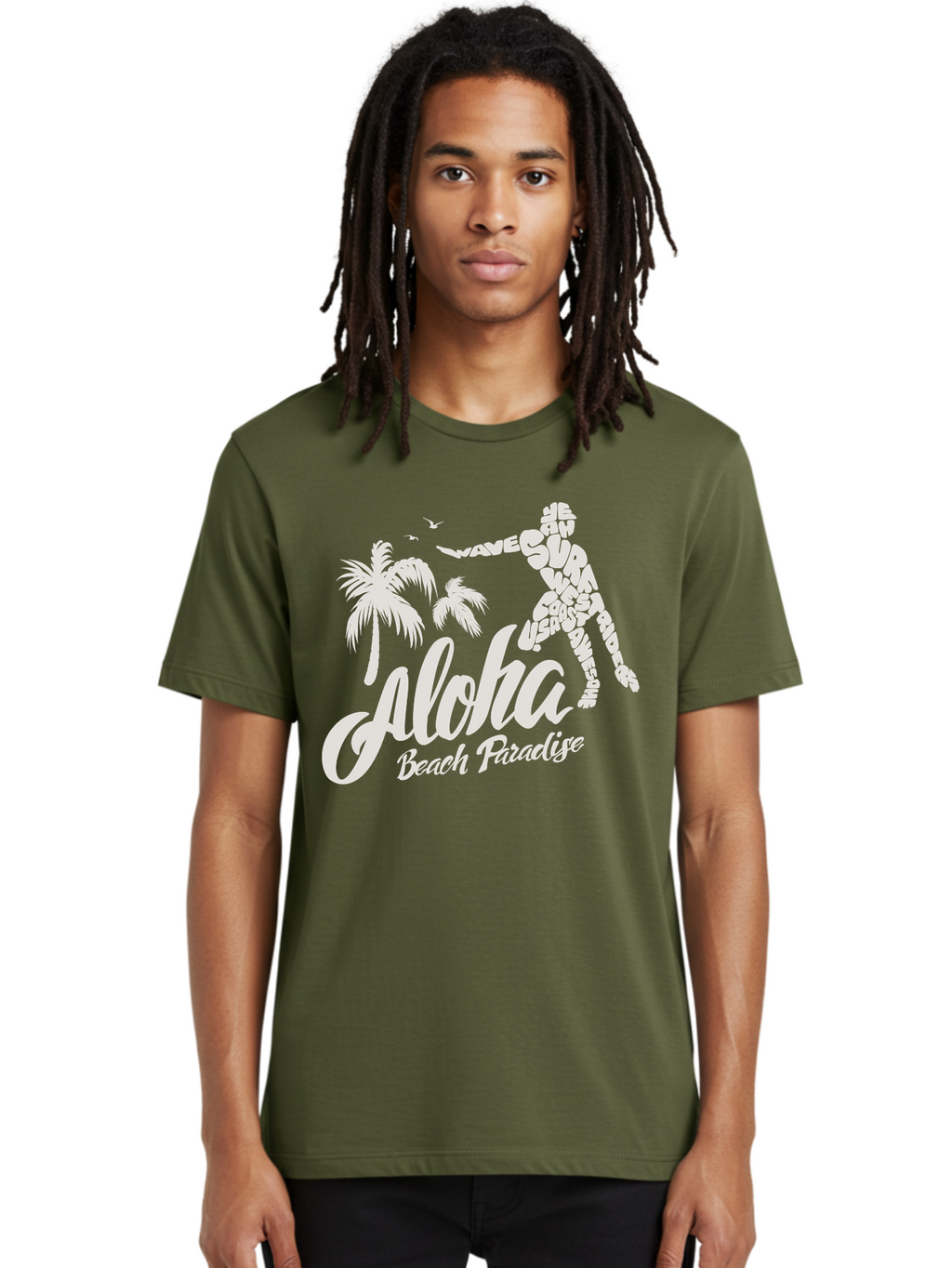 Aloha-Beach-Paradise Men'S Graphic Tee, 100% Cotton, Comfortable Casual Summer Wear, Machine Washable, Surfer Silhouette, Tropical Getaway, Beach Vacation, Surfing Culture, Wave Riding, Aloha Spirit, Island Vibes, Palm Trees, Beach Paradise, Aac368