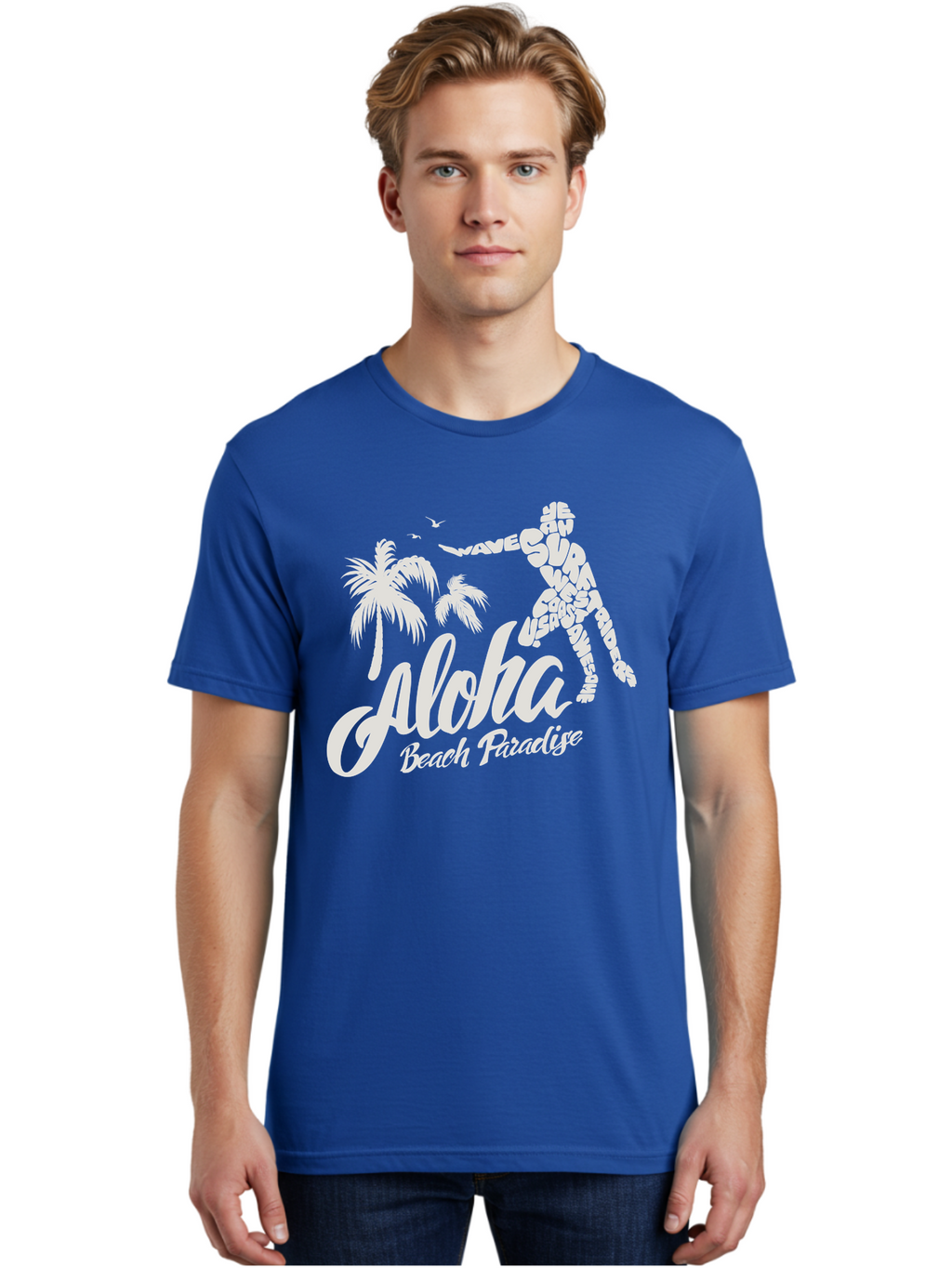 Aloha-Beach-Paradise Men'S Graphic Tee, 100% Cotton, Comfortable Casual Summer Wear, Machine Washable, Surfer Silhouette, Tropical Getaway, Beach Vacation, Surfing Culture, Wave Riding, Aloha Spirit, Island Vibes, Palm Trees, Beach Paradise, Aac368