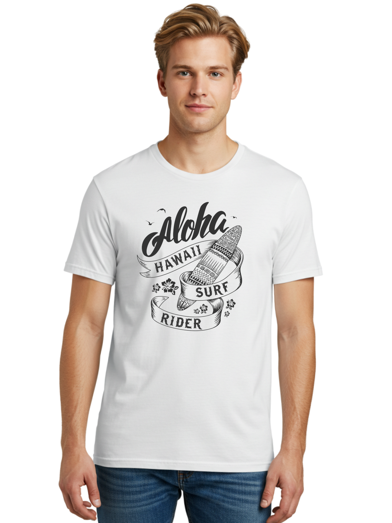 Aloha-Surf-Rider Men'S Graphic Tee, 100% Cotton, Comfortable Casual Summer Wear, Machine Washable, Hawaii Surf Rider, Surfboard, Tropical Vibes, Hawaii Vacation, Surfing Culture, Hawaii Tourism, Tropical Flowers, Aloha Spirit, Beach Lifestyle, Aac370