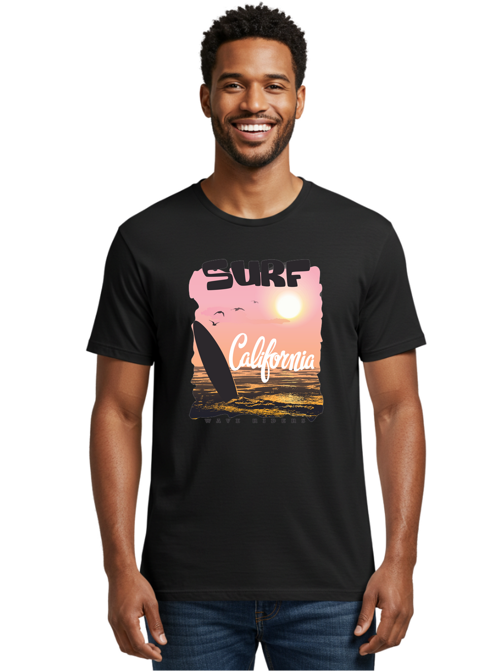 Surf-California Men'S Graphic Tee, 100% Cotton, Comfortable Casual Summer Wear, Machine Washable, Surfing In California, Wave Riders, Beach Life, Surfers Paradise, Coastal Scenery, Sunset Over The Ocean, Seagulls Flying, Aac372