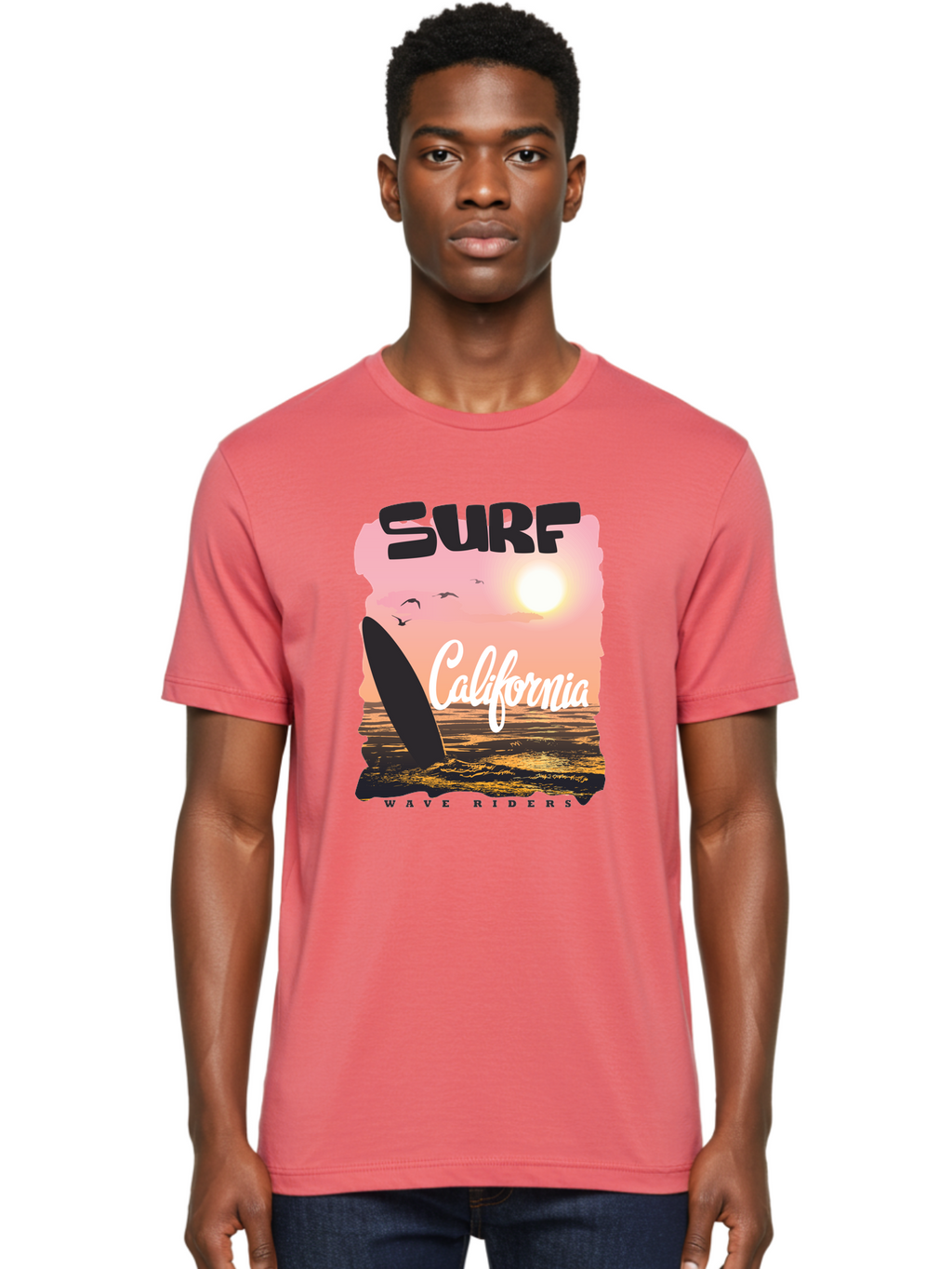 Surf-California Men'S Graphic Tee, 100% Cotton, Comfortable Casual Summer Wear, Machine Washable, Surfing In California, Wave Riders, Beach Life, Surfers Paradise, Coastal Scenery, Sunset Over The Ocean, Seagulls Flying, Aac372
