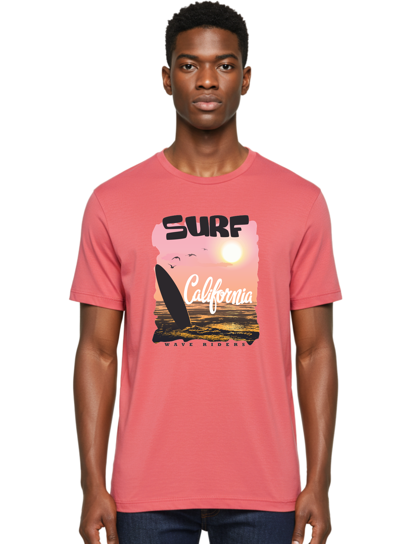 Surf-California Men'S Graphic Tee, 100% Cotton, Comfortable Casual Summer Wear, Machine Washable, Surfing In California, Wave Riders, Beach Life, Surfers Paradise, Coastal Scenery, Sunset Over The Ocean, Seagulls Flying, Aac372