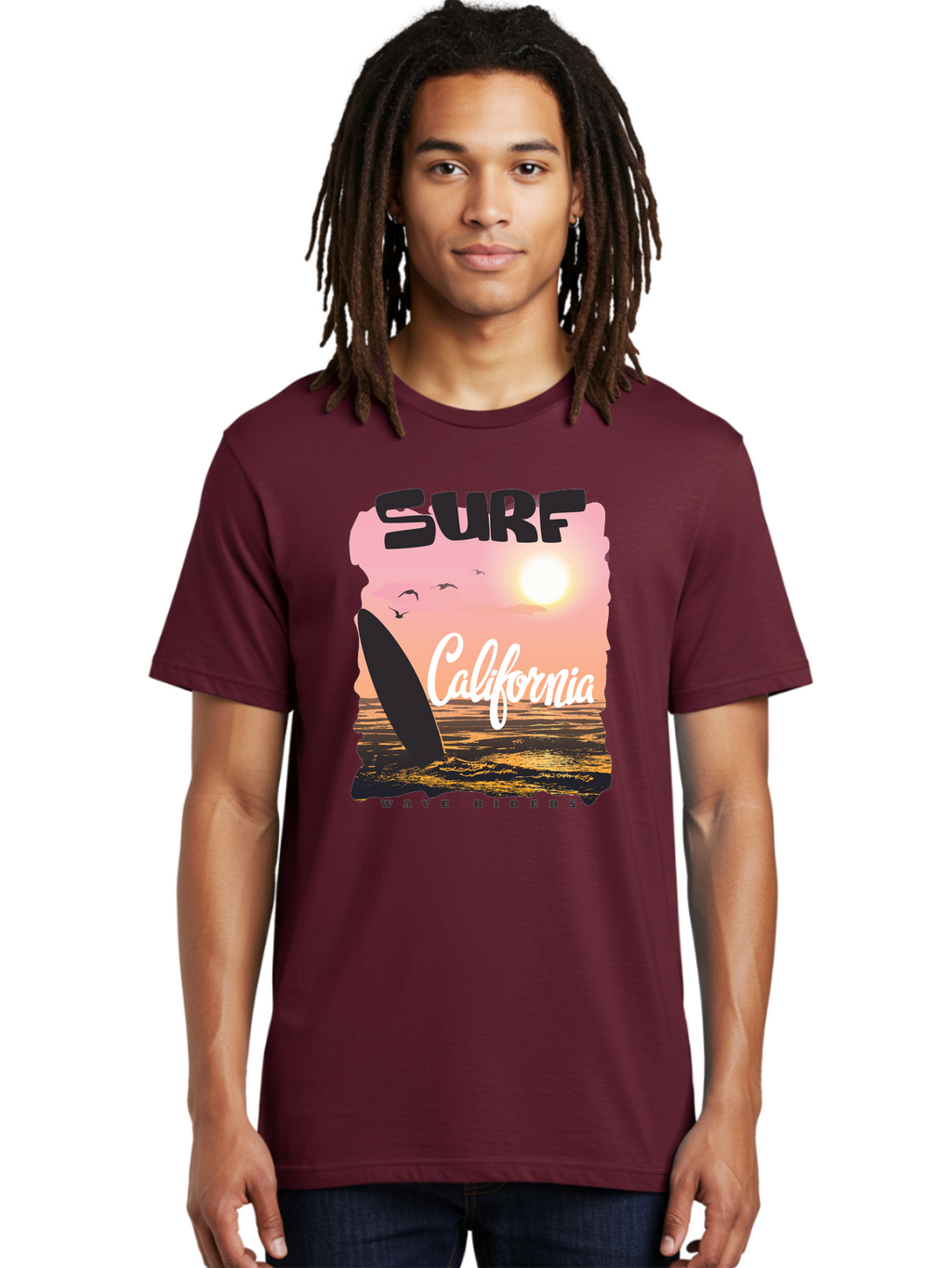 Surf-California Men'S Graphic Tee, 100% Cotton, Comfortable Casual Summer Wear, Machine Washable, Surfing In California, Wave Riders, Beach Life, Surfers Paradise, Coastal Scenery, Sunset Over The Ocean, Seagulls Flying, Aac372