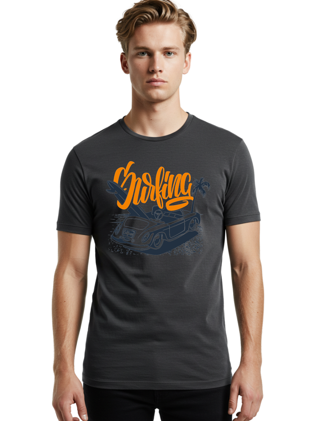 Surfing Men'S Graphic Tee, 100% Cotton, Comfortable Casual Summer Wear, Machine Washable, Vintage Convertible Car, Surfing Culture, Beach Lifestyle, Retro Style, Surfboard On Car, Palm Tree, Summer Fun, Surf Vibes, Classic Automobile Aac373