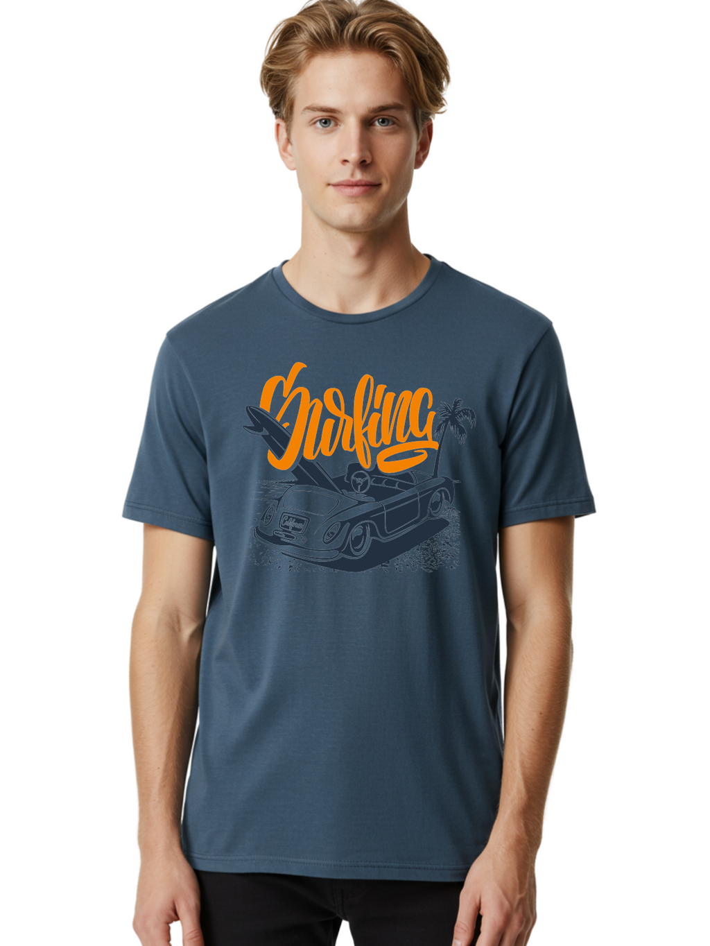 Surfing Men'S Graphic Tee, 100% Cotton, Comfortable Casual Summer Wear, Machine Washable, Vintage Convertible Car, Surfing Culture, Beach Lifestyle, Retro Style, Surfboard On Car, Palm Tree, Summer Fun, Surf Vibes, Classic Automobile Aac373
