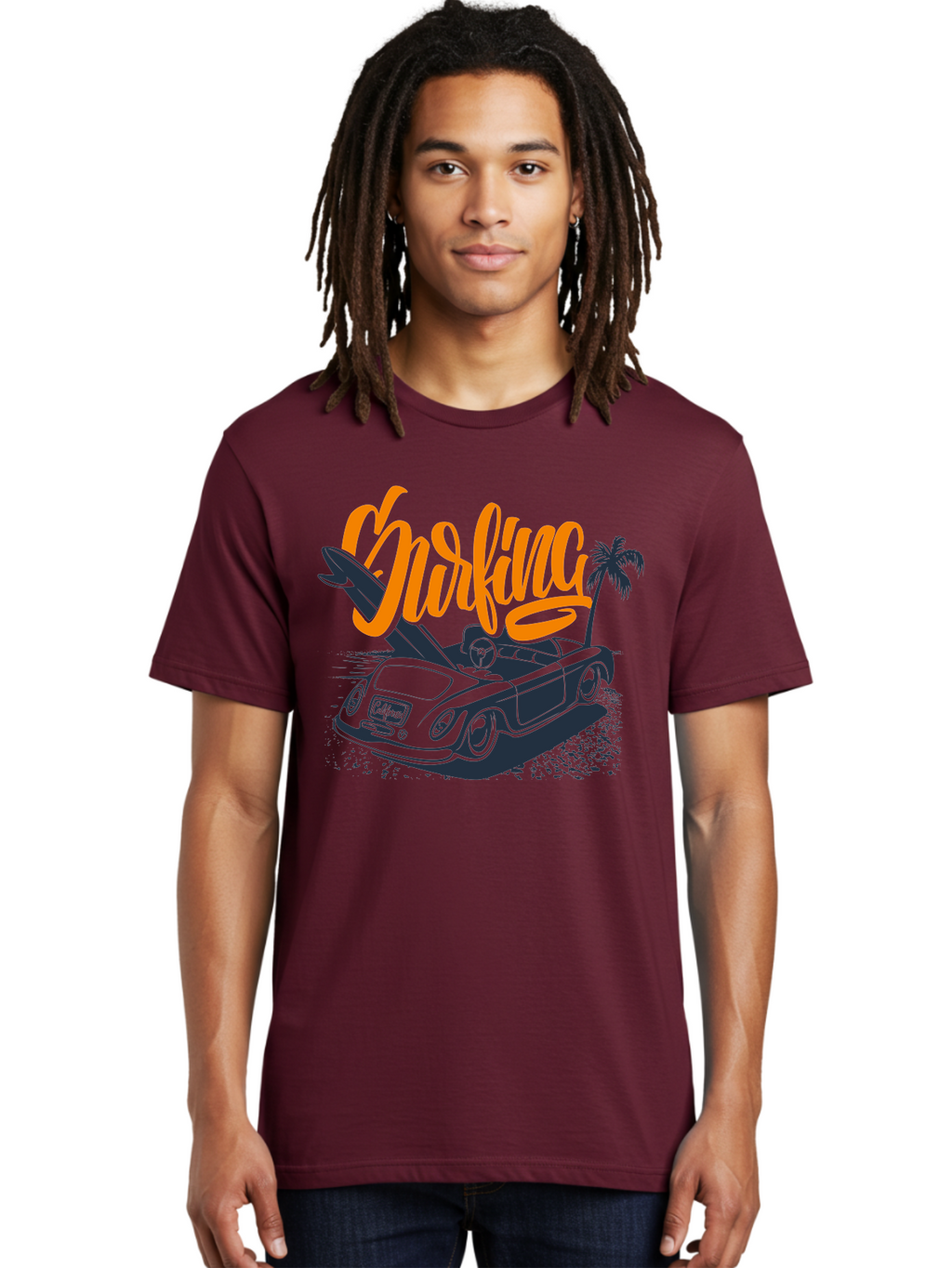 Surfing Men'S Graphic Tee, 100% Cotton, Comfortable Casual Summer Wear, Machine Washable, Vintage Convertible Car, Surfing Culture, Beach Lifestyle, Retro Style, Surfboard On Car, Palm Tree, Summer Fun, Surf Vibes, Classic Automobile Aac373
