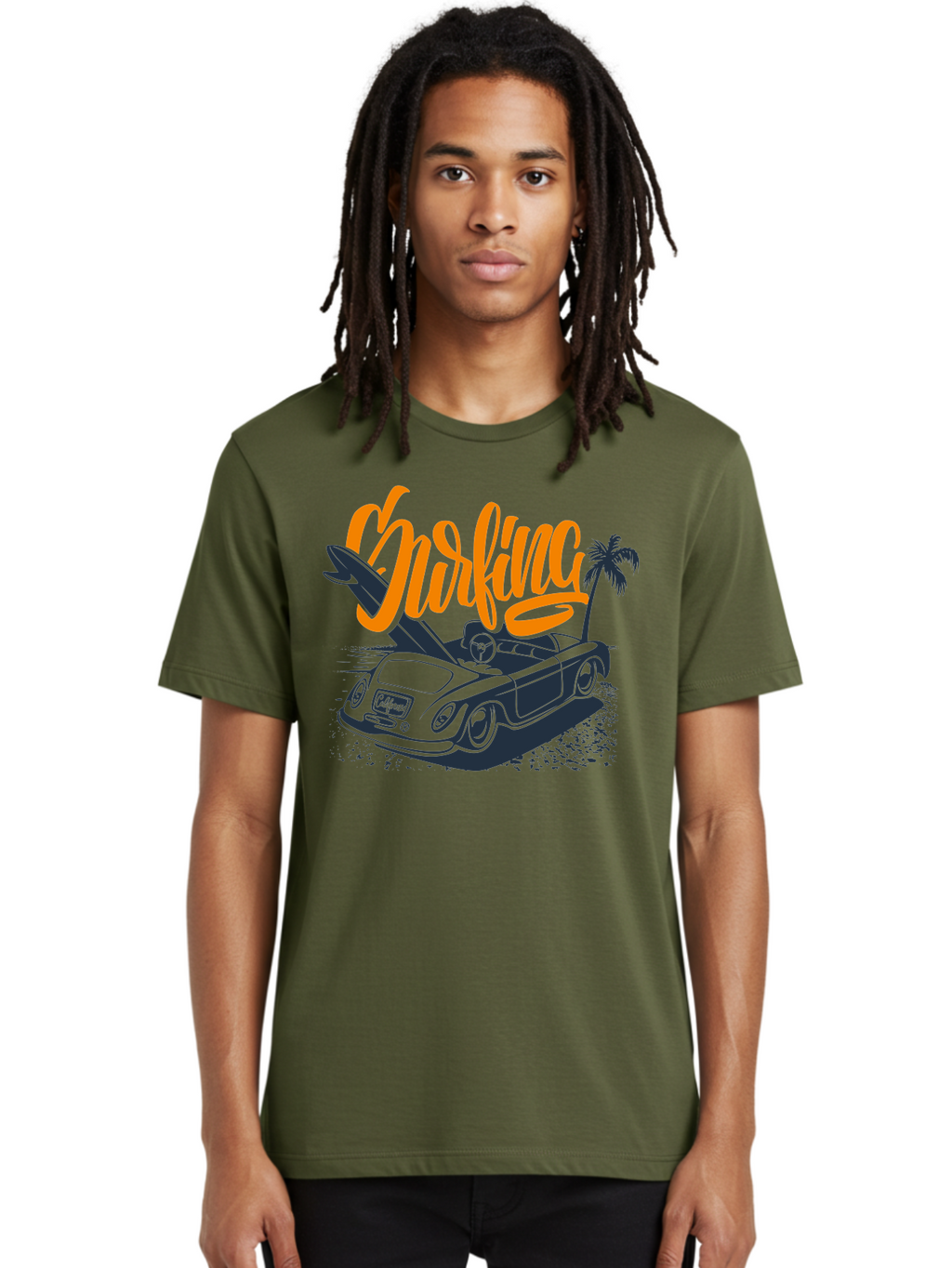 Surfing Men'S Graphic Tee, 100% Cotton, Comfortable Casual Summer Wear, Machine Washable, Vintage Convertible Car, Surfing Culture, Beach Lifestyle, Retro Style, Surfboard On Car, Palm Tree, Summer Fun, Surf Vibes, Classic Automobile Aac373