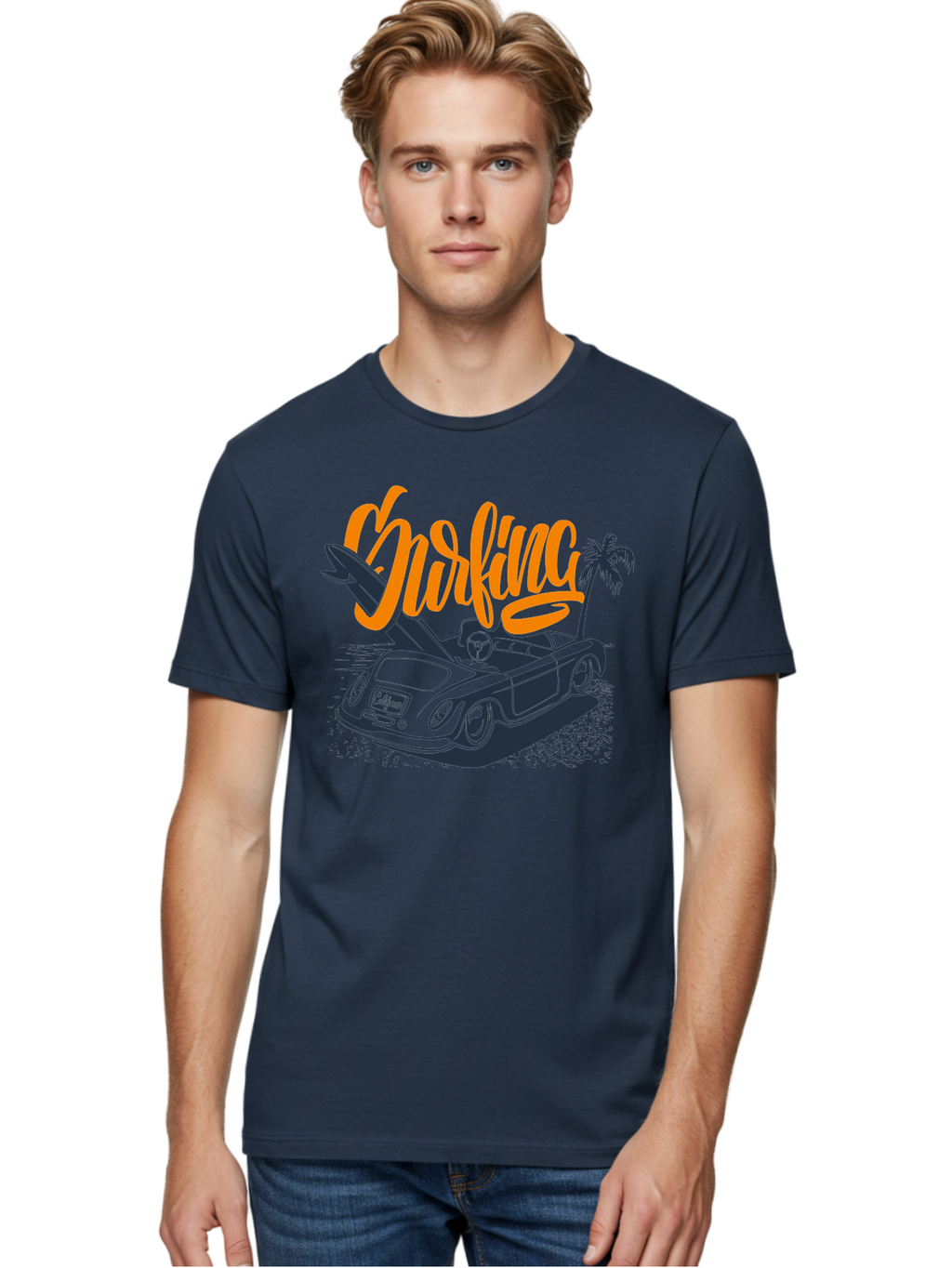 Surfing Men'S Graphic Tee, 100% Cotton, Comfortable Casual Summer Wear, Machine Washable, Vintage Convertible Car, Surfing Culture, Beach Lifestyle, Retro Style, Surfboard On Car, Palm Tree, Summer Fun, Surf Vibes, Classic Automobile Aac373