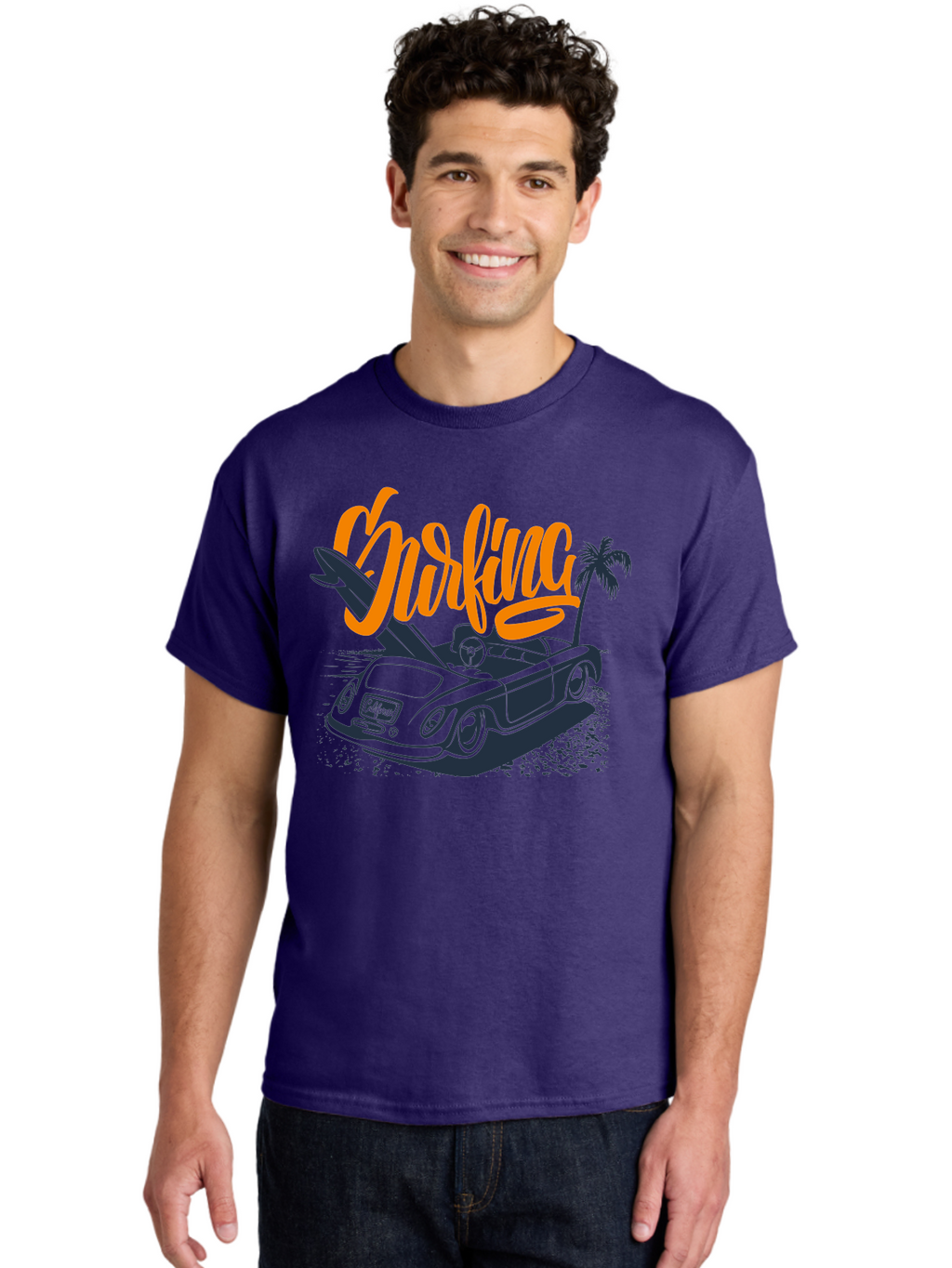 Surfing Men'S Graphic Tee, 100% Cotton, Comfortable Casual Summer Wear, Machine Washable, Vintage Convertible Car, Surfing Culture, Beach Lifestyle, Retro Style, Surfboard On Car, Palm Tree, Summer Fun, Surf Vibes, Classic Automobile Aac373