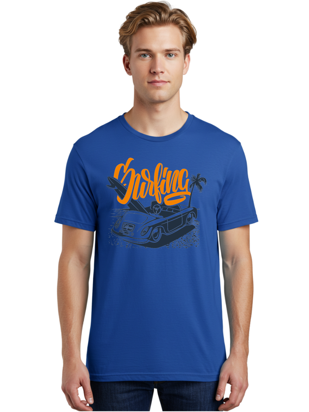 Surfing Men'S Graphic Tee, 100% Cotton, Comfortable Casual Summer Wear, Machine Washable, Vintage Convertible Car, Surfing Culture, Beach Lifestyle, Retro Style, Surfboard On Car, Palm Tree, Summer Fun, Surf Vibes, Classic Automobile Aac373