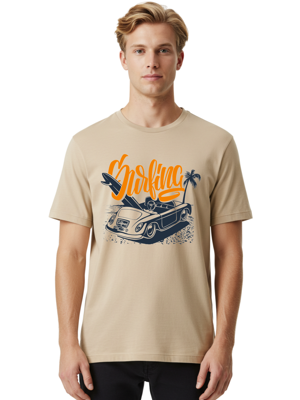 Surfing Men'S Graphic Tee, 100% Cotton, Comfortable Casual Summer Wear, Machine Washable, Vintage Convertible Car, Surfing Culture, Beach Lifestyle, Retro Style, Surfboard On Car, Palm Tree, Summer Fun, Surf Vibes, Classic Automobile Aac373
