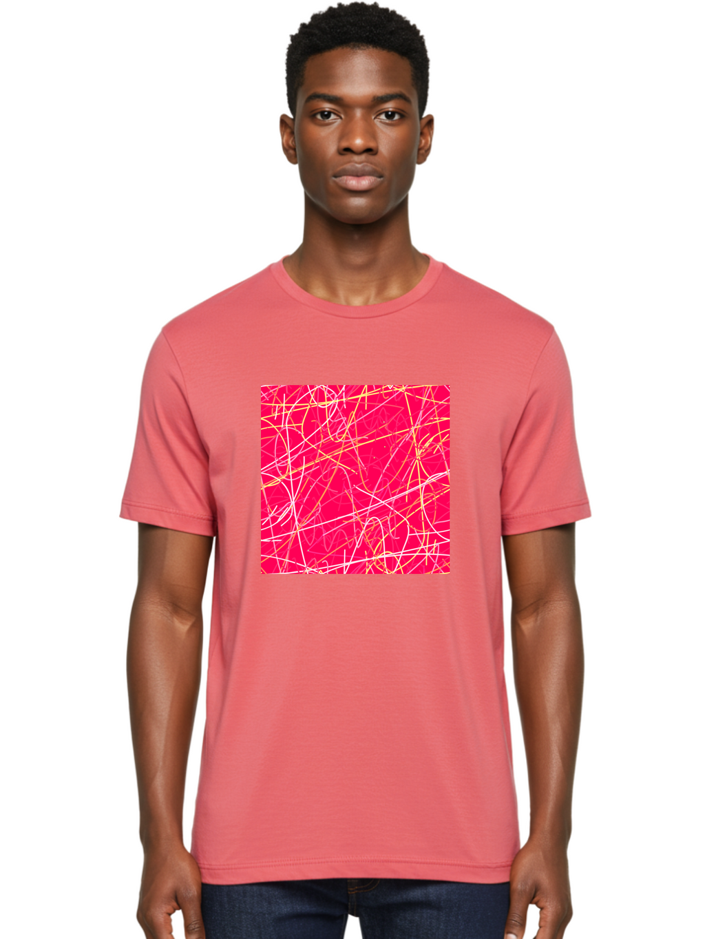 Abstract-Lines Men'S Graphic Tee, 100% Cotton, Comfortable Casual Summer Wear, Machine Washable, Abstract Art, Vibrant Pink Background, Swirling Lines, Dynamic Movement, Modern Design, Artistic Expression, Creative Wallpaper, Digital Art, Aac374