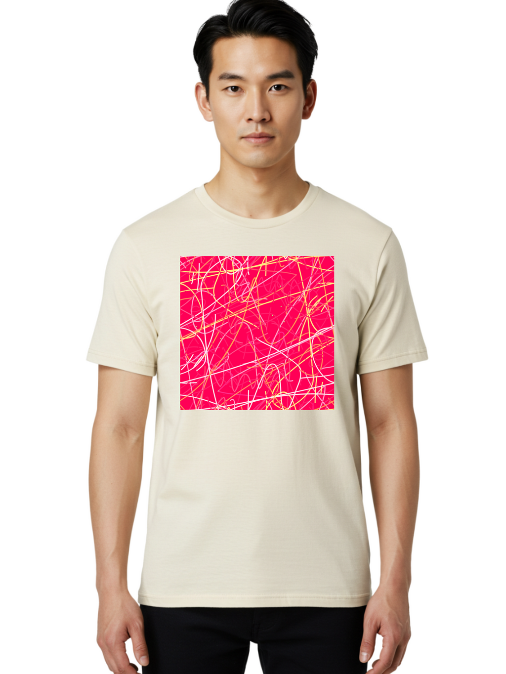 Abstract-Lines Men'S Graphic Tee, 100% Cotton, Comfortable Casual Summer Wear, Machine Washable, Abstract Art, Vibrant Pink Background, Swirling Lines, Dynamic Movement, Modern Design, Artistic Expression, Creative Wallpaper, Digital Art, Aac374
