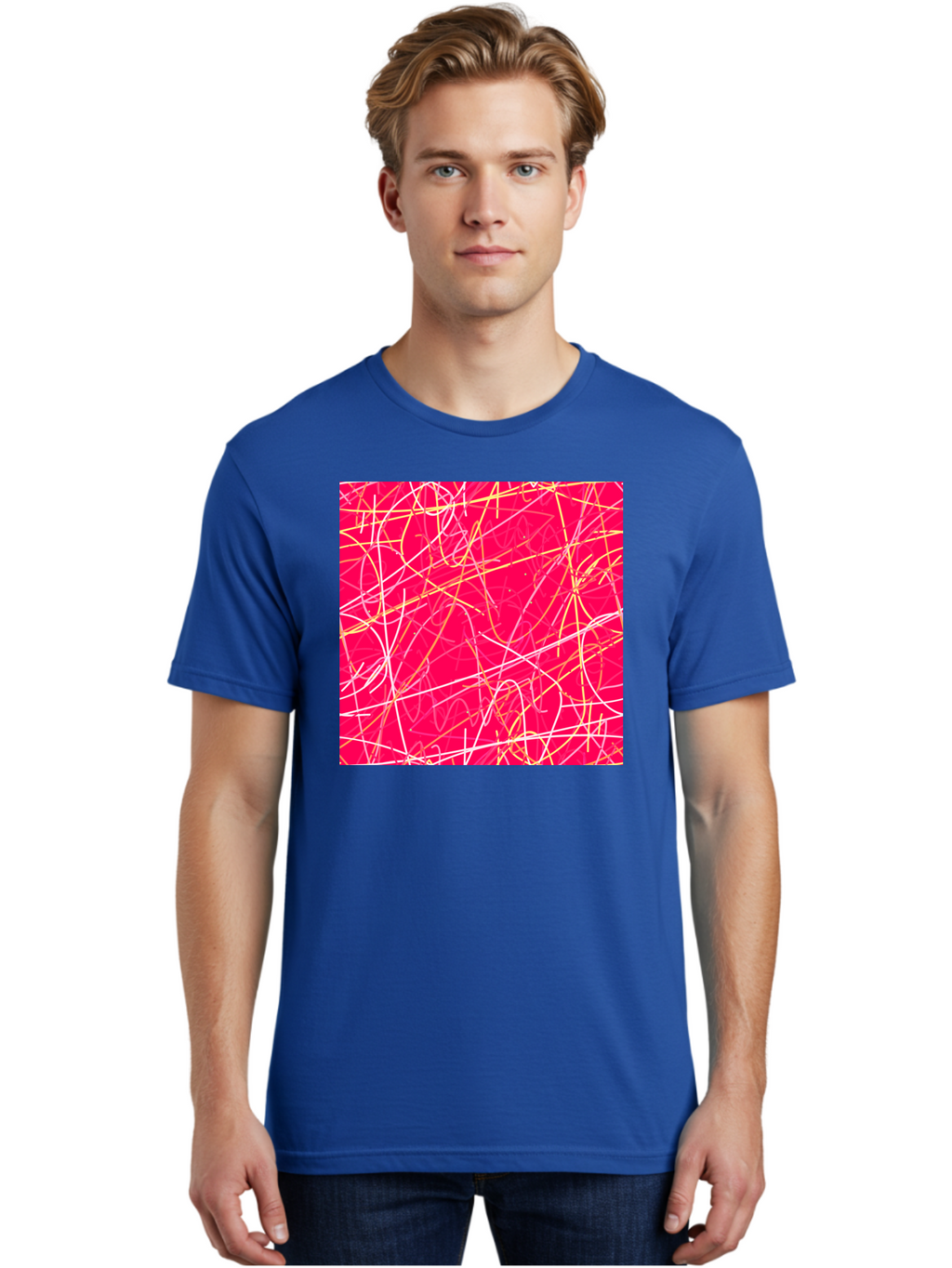 Abstract-Lines Men'S Graphic Tee, 100% Cotton, Comfortable Casual Summer Wear, Machine Washable, Abstract Art, Vibrant Pink Background, Swirling Lines, Dynamic Movement, Modern Design, Artistic Expression, Creative Wallpaper, Digital Art, Aac374