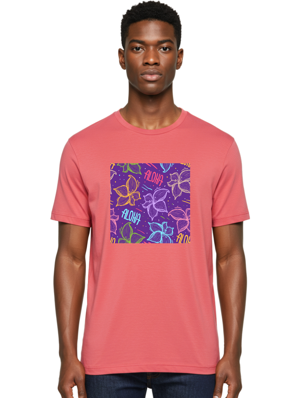 Aloha-Plumeria-Floral Men'S Graphic Tee, 100% Cotton, Comfortable Casual Summer Wear, Machine Washable, Plumeria Flowers, Tropical Flowers, Aloha Text, Colorful Graphics, Festive Design, Hawaiian Theme, Vibrant Colors, Playful Pattern, Aac376