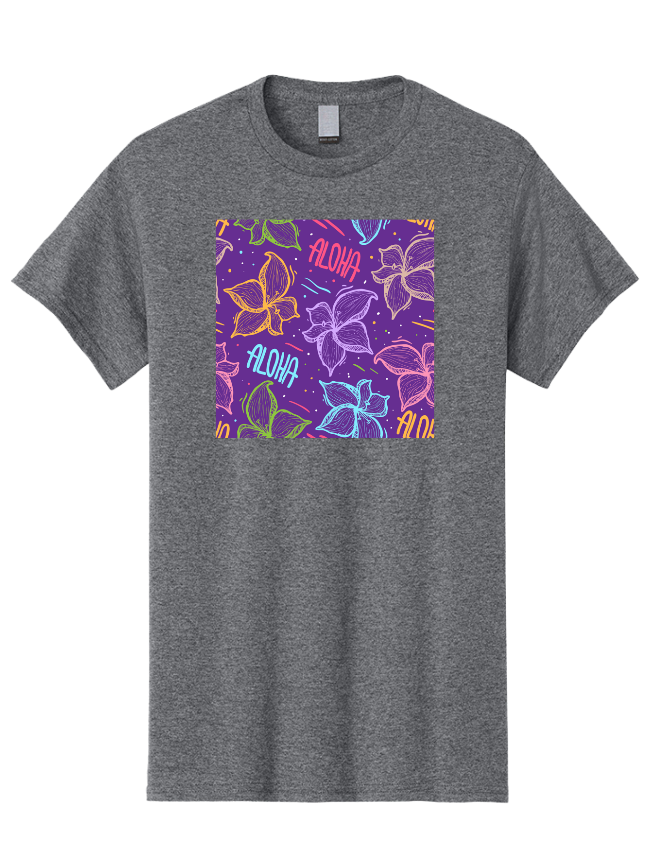 Aloha-Plumeria-Floral Men'S Graphic Tee, 100% Cotton, Comfortable Casual Summer Wear, Machine Washable, Plumeria Flowers, Tropical Flowers, Aloha Text, Colorful Graphics, Festive Design, Hawaiian Theme, Vibrant Colors, Playful Pattern, Aac376