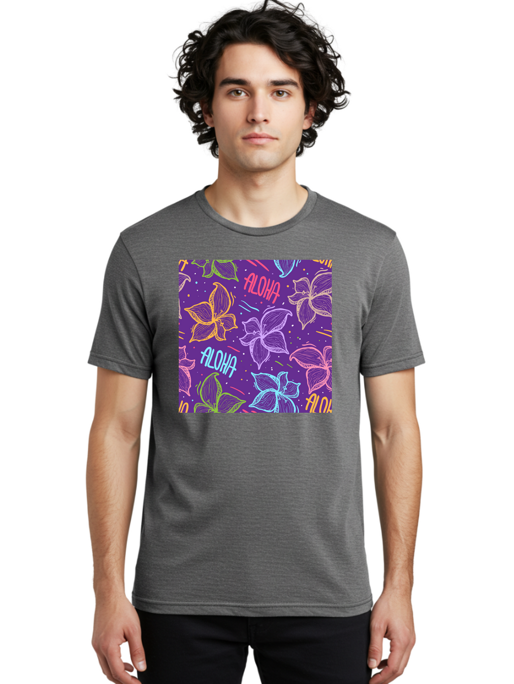 Aloha-Plumeria-Floral Men'S Graphic Tee, 100% Cotton, Comfortable Casual Summer Wear, Machine Washable, Plumeria Flowers, Tropical Flowers, Aloha Text, Colorful Graphics, Festive Design, Hawaiian Theme, Vibrant Colors, Playful Pattern, Aac376