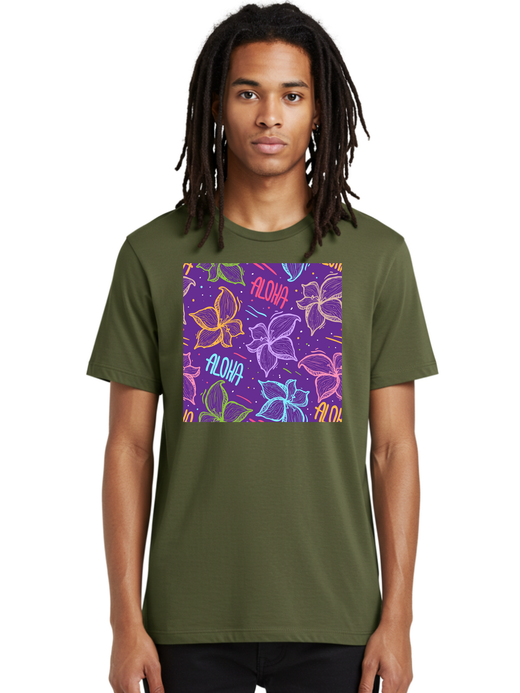 Aloha-Plumeria-Floral Men'S Graphic Tee, 100% Cotton, Comfortable Casual Summer Wear, Machine Washable, Plumeria Flowers, Tropical Flowers, Aloha Text, Colorful Graphics, Festive Design, Hawaiian Theme, Vibrant Colors, Playful Pattern, Aac376