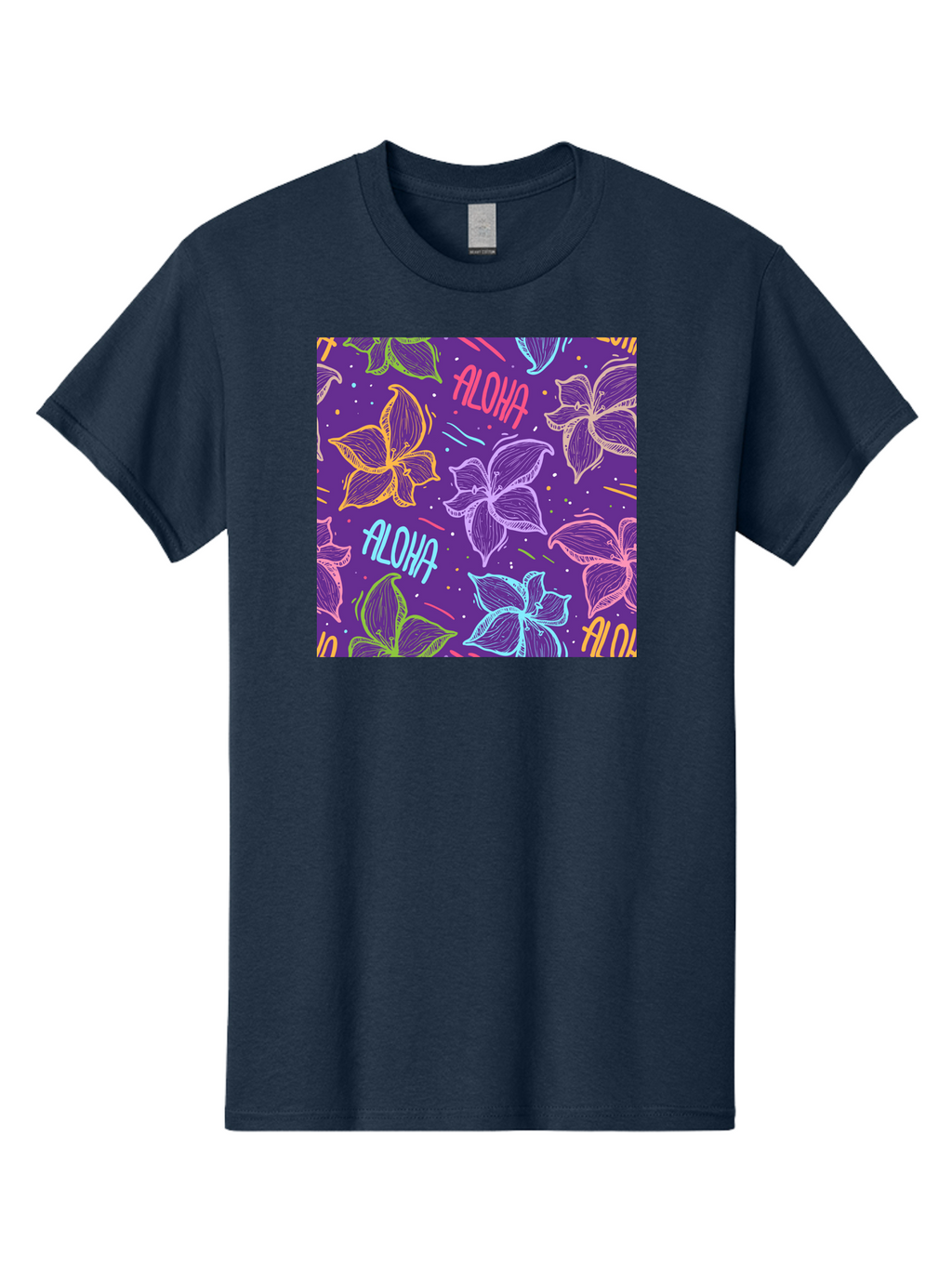 Aloha-Plumeria-Floral Men'S Graphic Tee, 100% Cotton, Comfortable Casual Summer Wear, Machine Washable, Plumeria Flowers, Tropical Flowers, Aloha Text, Colorful Graphics, Festive Design, Hawaiian Theme, Vibrant Colors, Playful Pattern, Aac376