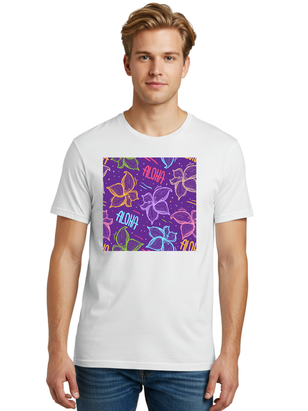 Aloha-Plumeria-Floral Men'S Graphic Tee, 100% Cotton, Comfortable Casual Summer Wear, Machine Washable, Plumeria Flowers, Tropical Flowers, Aloha Text, Colorful Graphics, Festive Design, Hawaiian Theme, Vibrant Colors, Playful Pattern, Aac376
