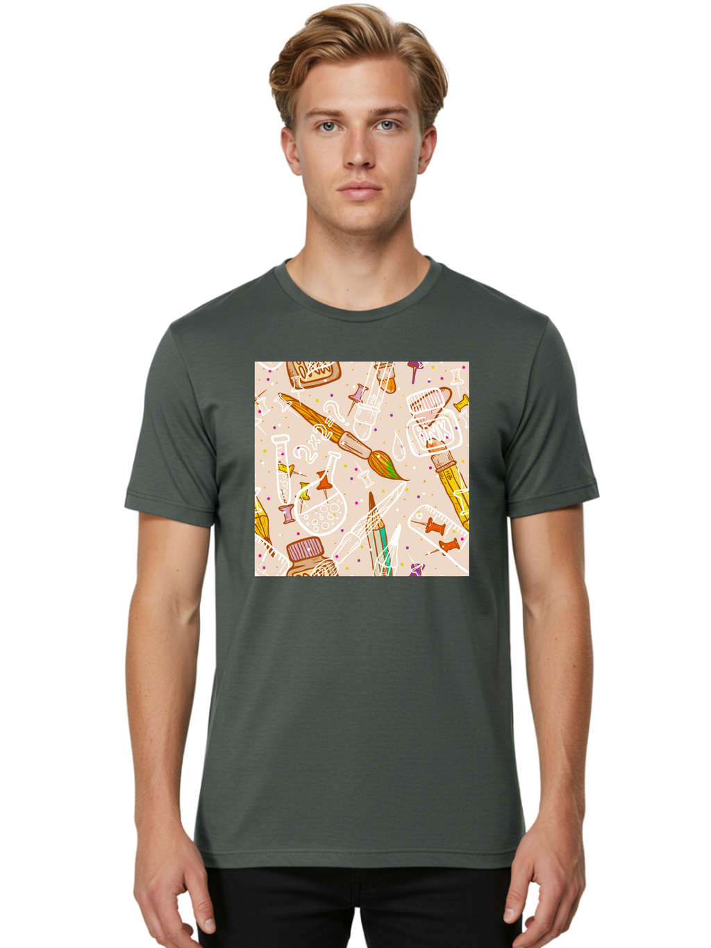 Art-And-Science Men'S Graphic Tee, 100% Cotton, Comfortable Casual Summer Wear, Machine Washable, Science And Art Supplies, Beakers, Test Tubes, Paintbrushes, Pencils, Creative Tools, Artistic Expression, Scientific Experimentation, Aac378